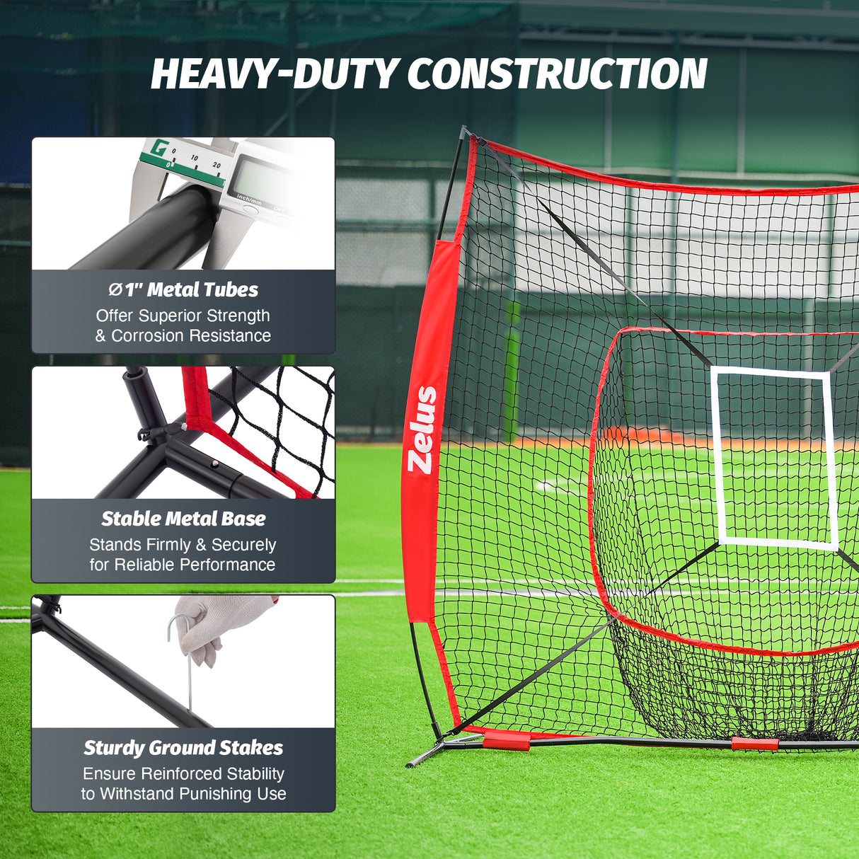 7x7 ft Baseball Net, Hitting and Pitching Net with Adjustable Batting Tee Red