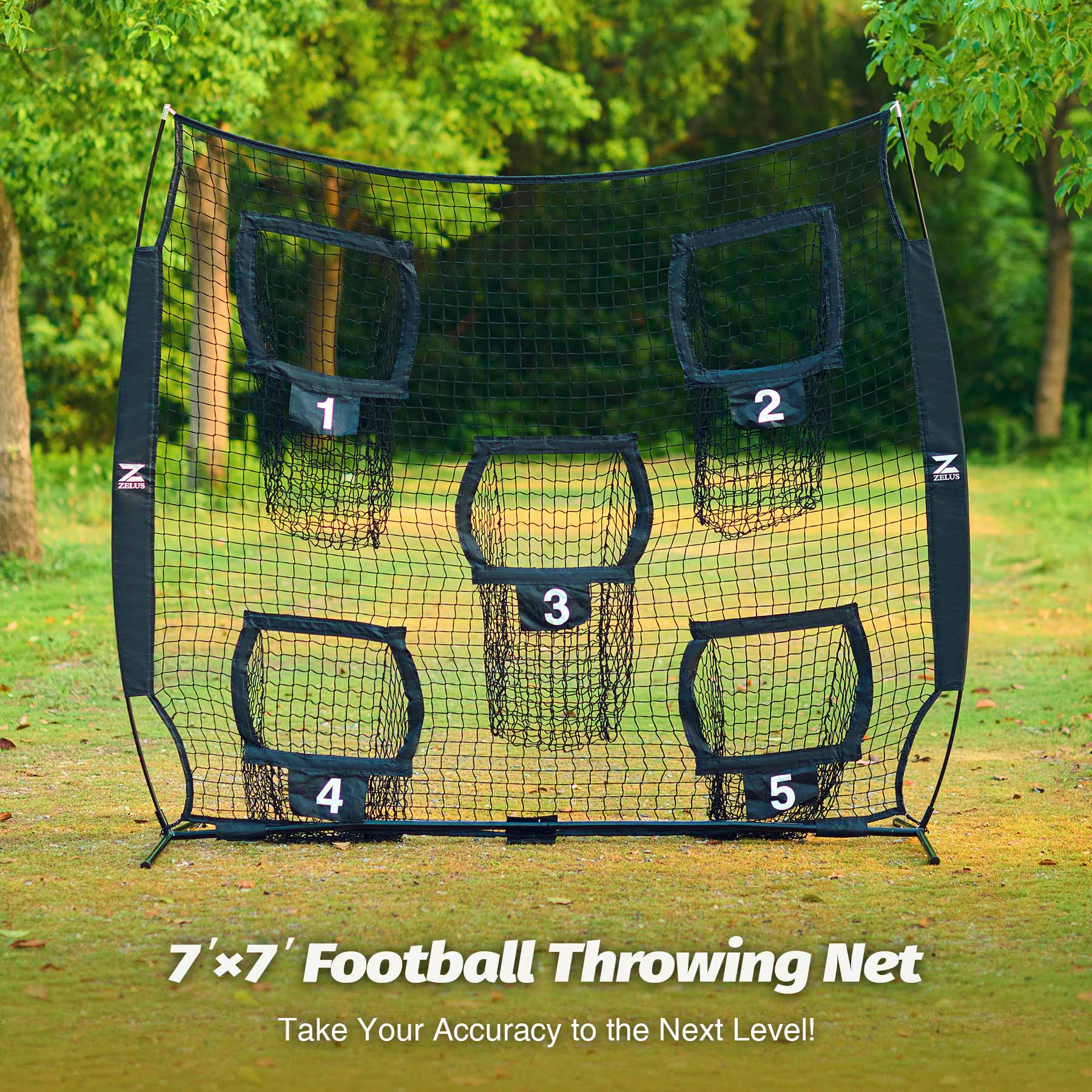 Black and white sports training net with numbered targets 
