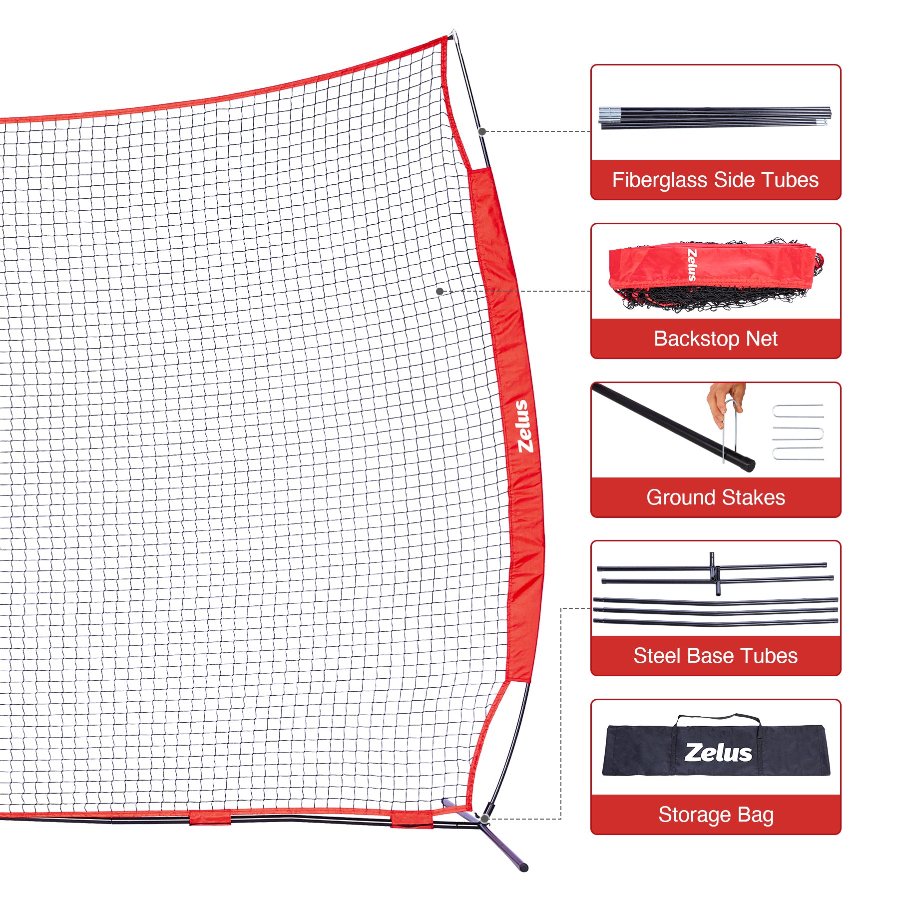Red and black sports training net with Zelus branding
