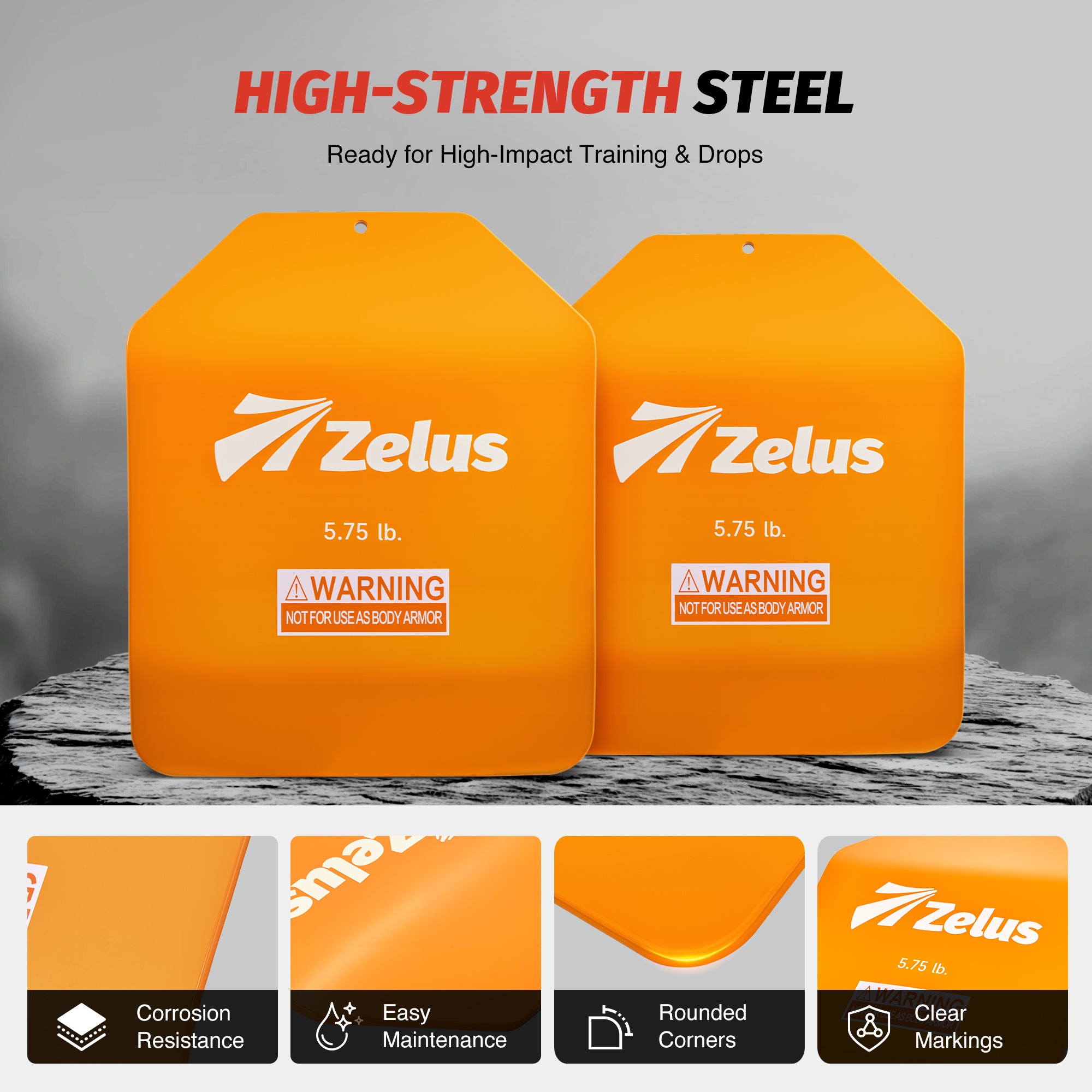 Two orange Zelus weight plates on a gray background with product features displayed below.
