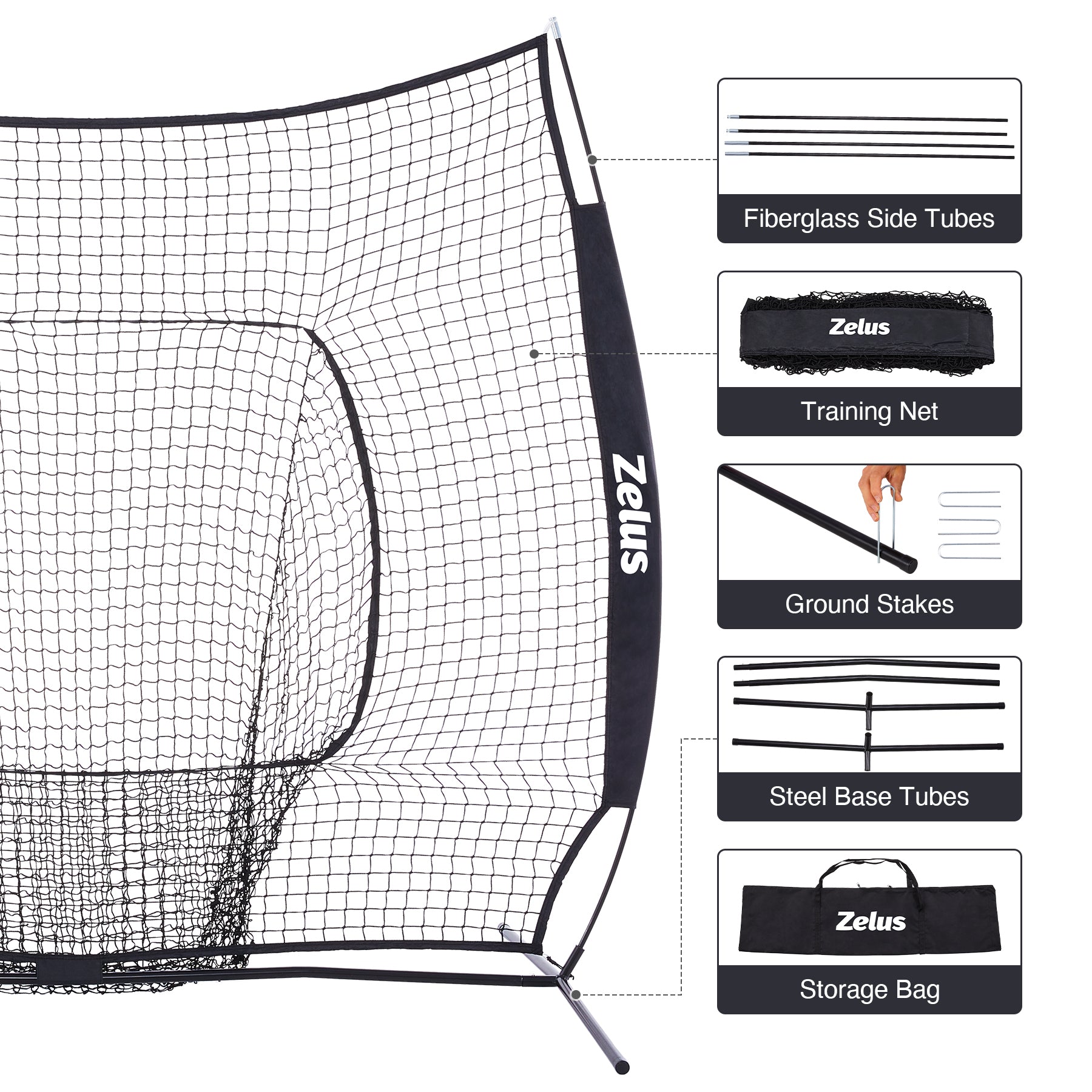Zelus baseball or softball practice net with carrying bag