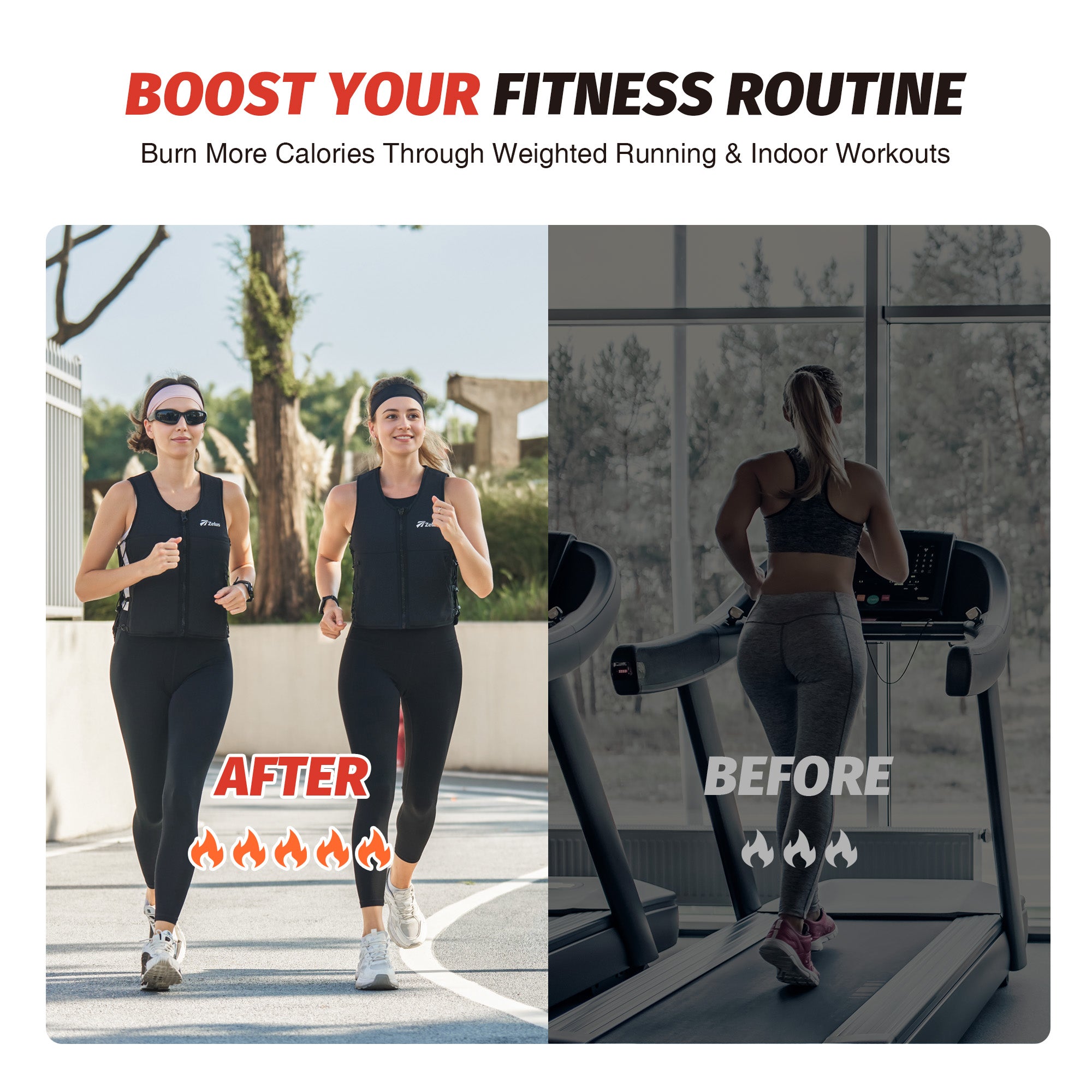 Before and after comparison of a woman exercising outdoors and on a treadmill.