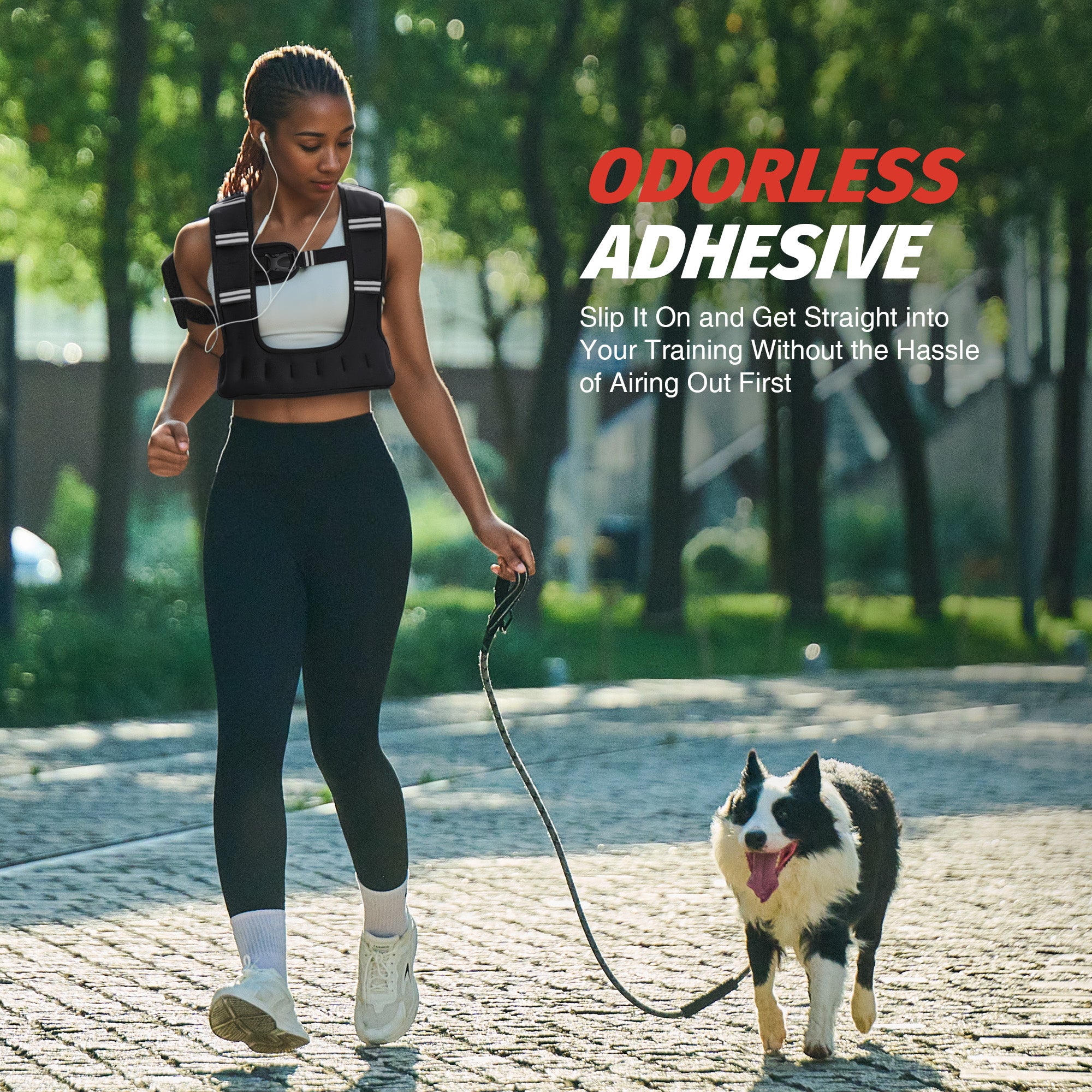 Woman walking a dog on a leash with text about odorless adhesive.