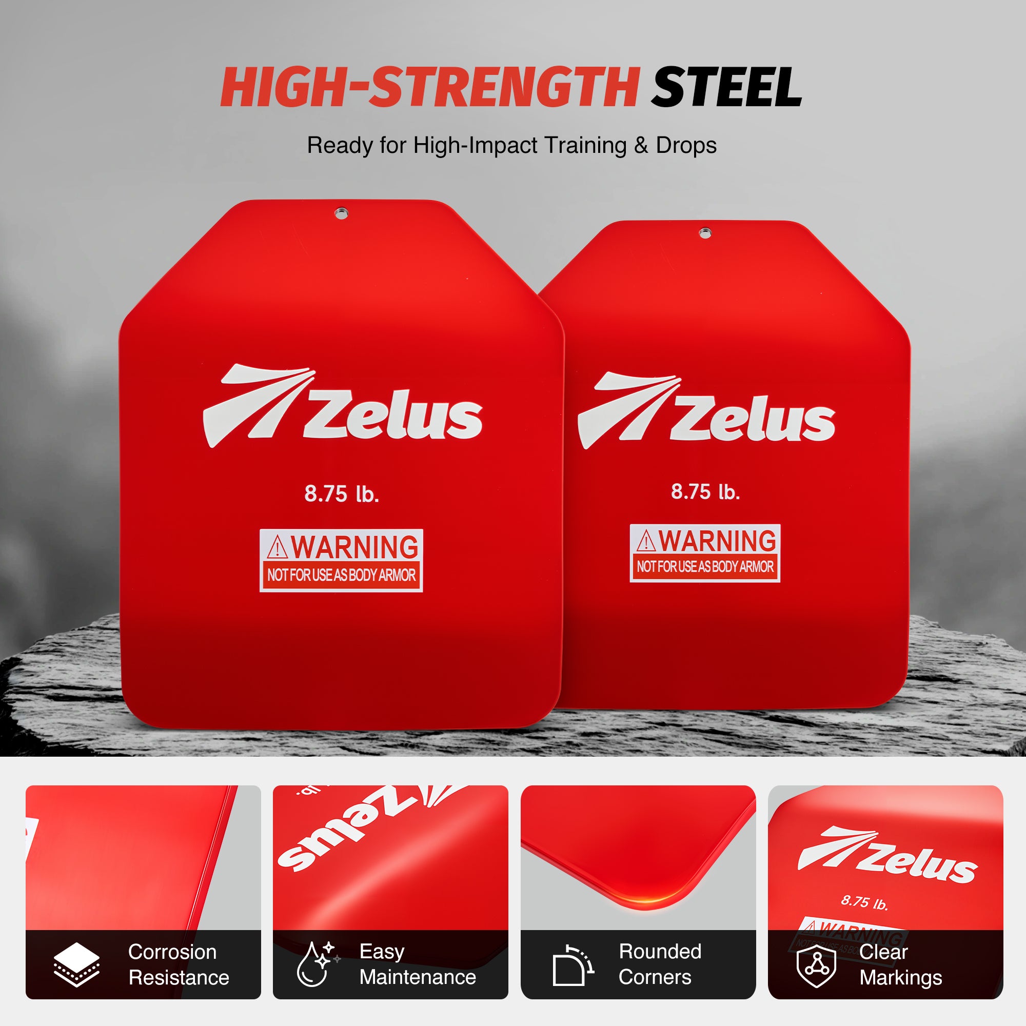 Two red Zelus armor plates with features highlighted on a gray background