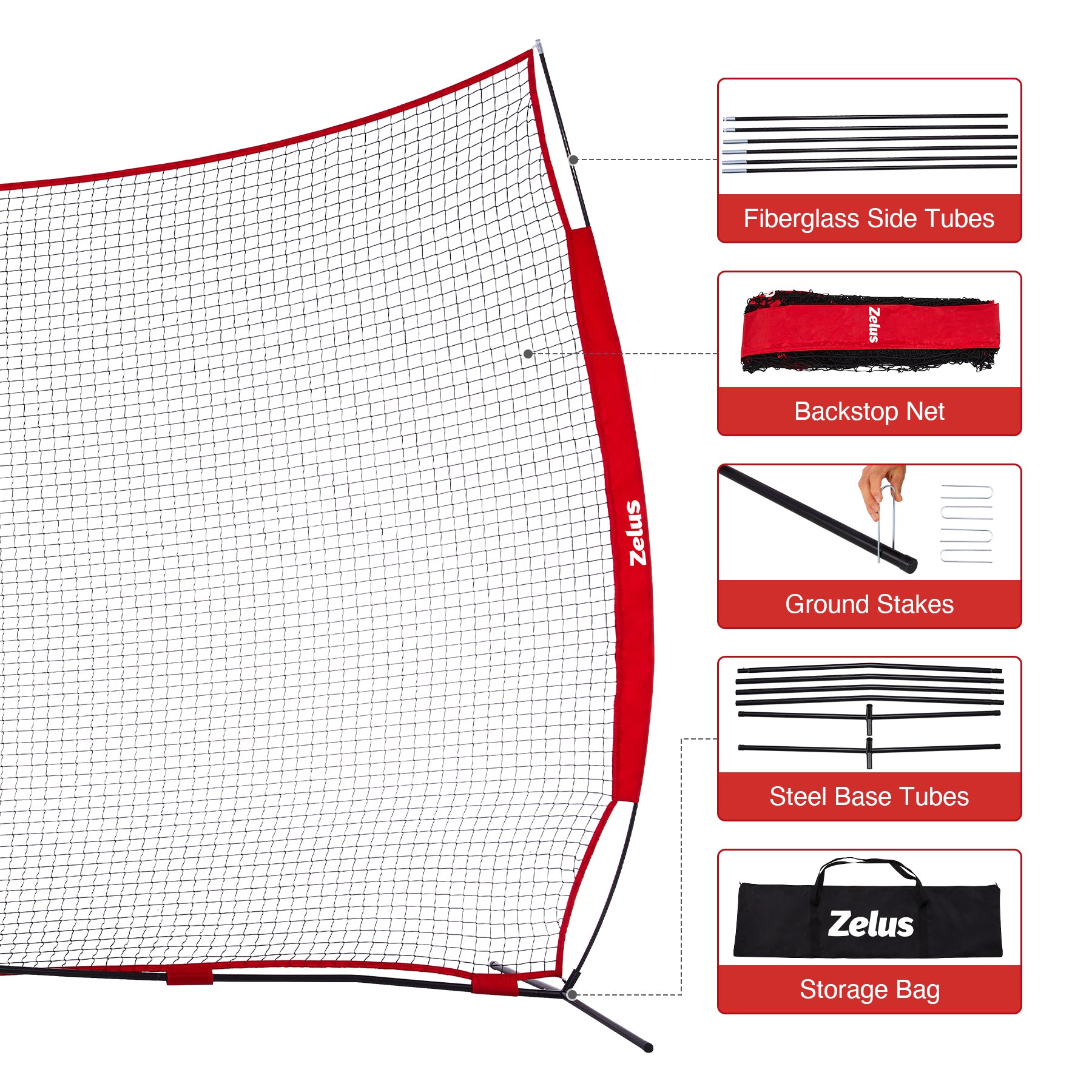 Person standing in front of a large red and black sports net 