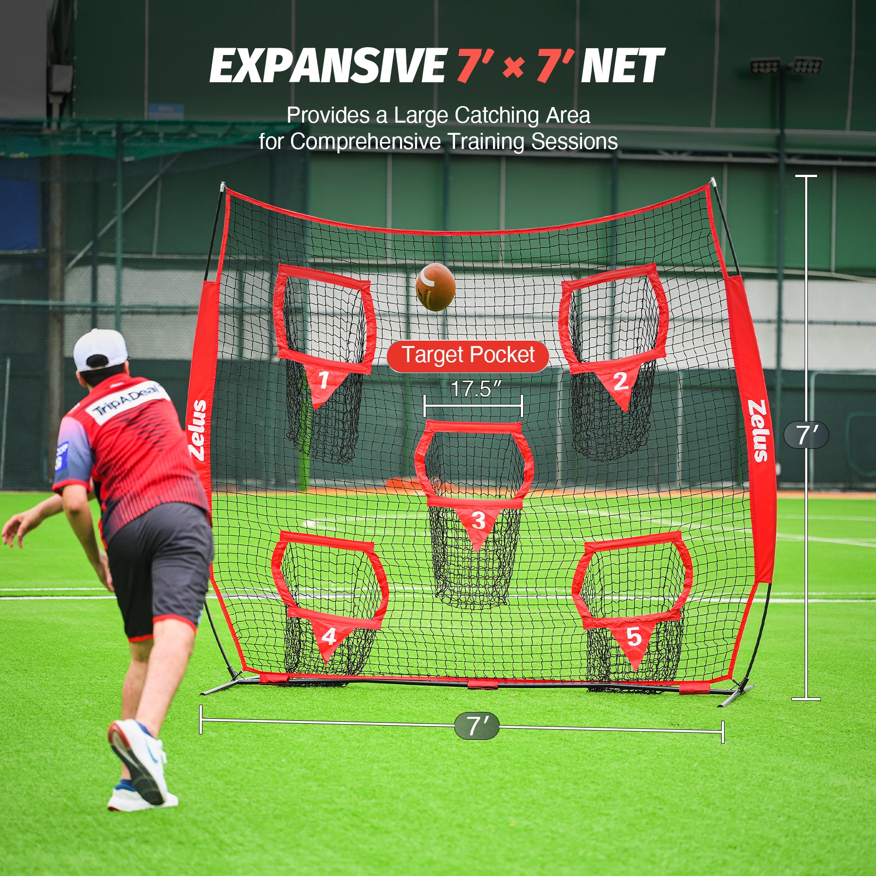 Red and black Zelus pitching net with multiple zones