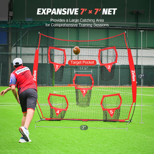 Football Throwing Net, Quarterback Training Equipment with 5 Target Pockets Red