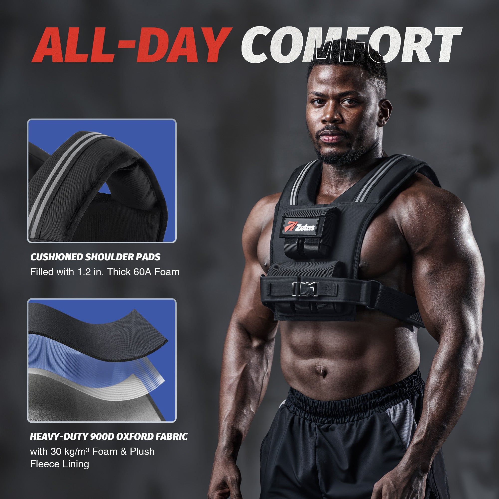 Man wearing a black weightlifting vest with 'All-Day Comfort' text and product features.