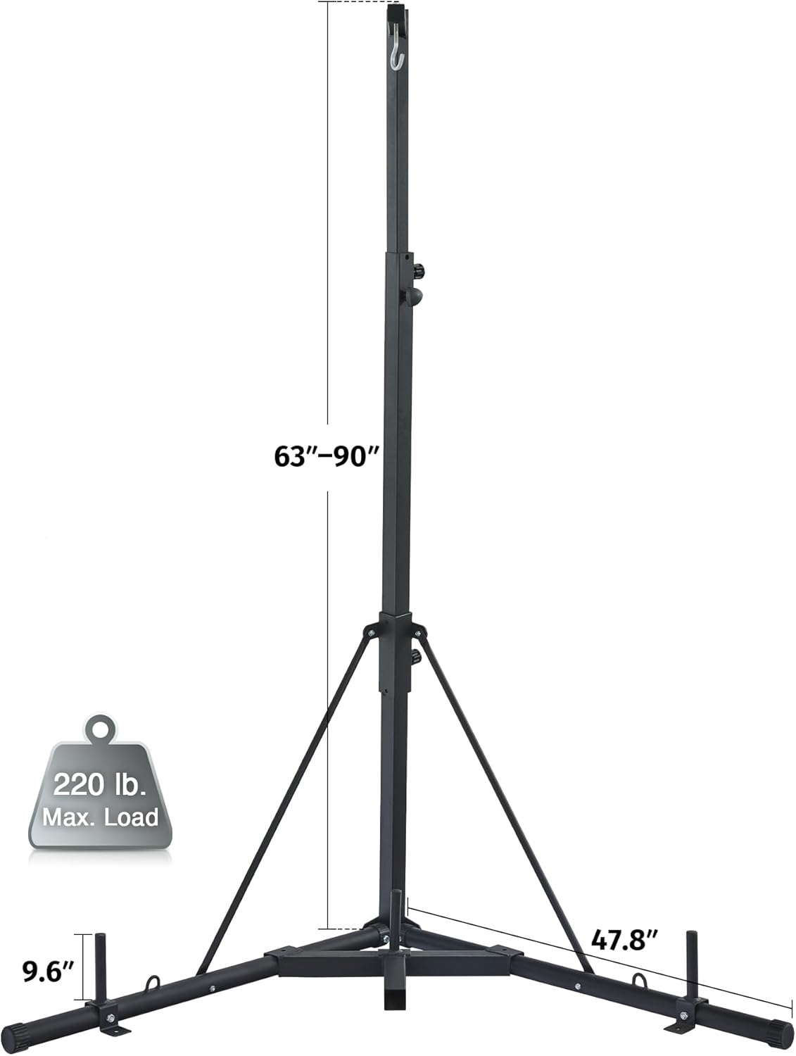 Black metal tripod with measurements and load capacity details.
