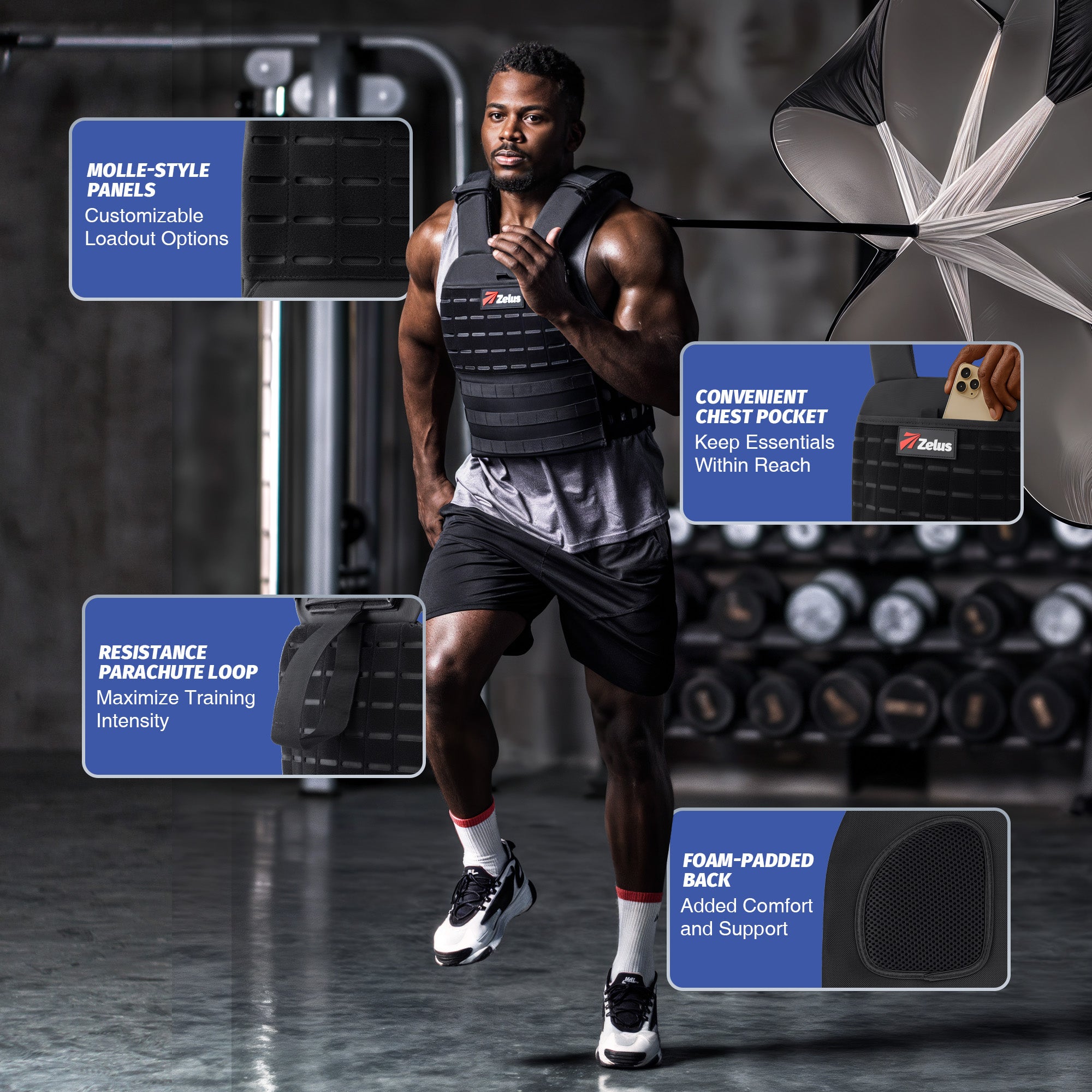 Man wearing a tactical vest with fitness equipment in the background