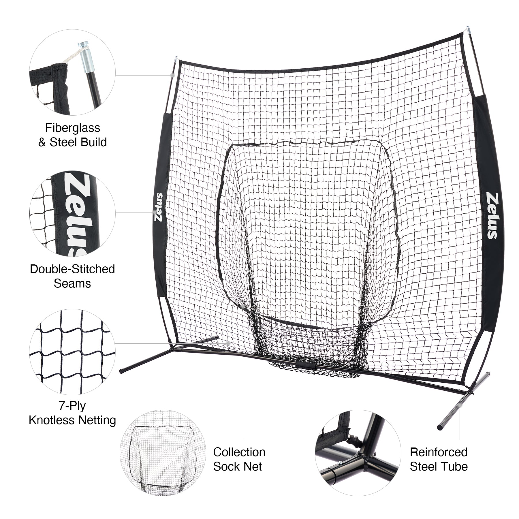 Zelus pitching machine and net system with balls