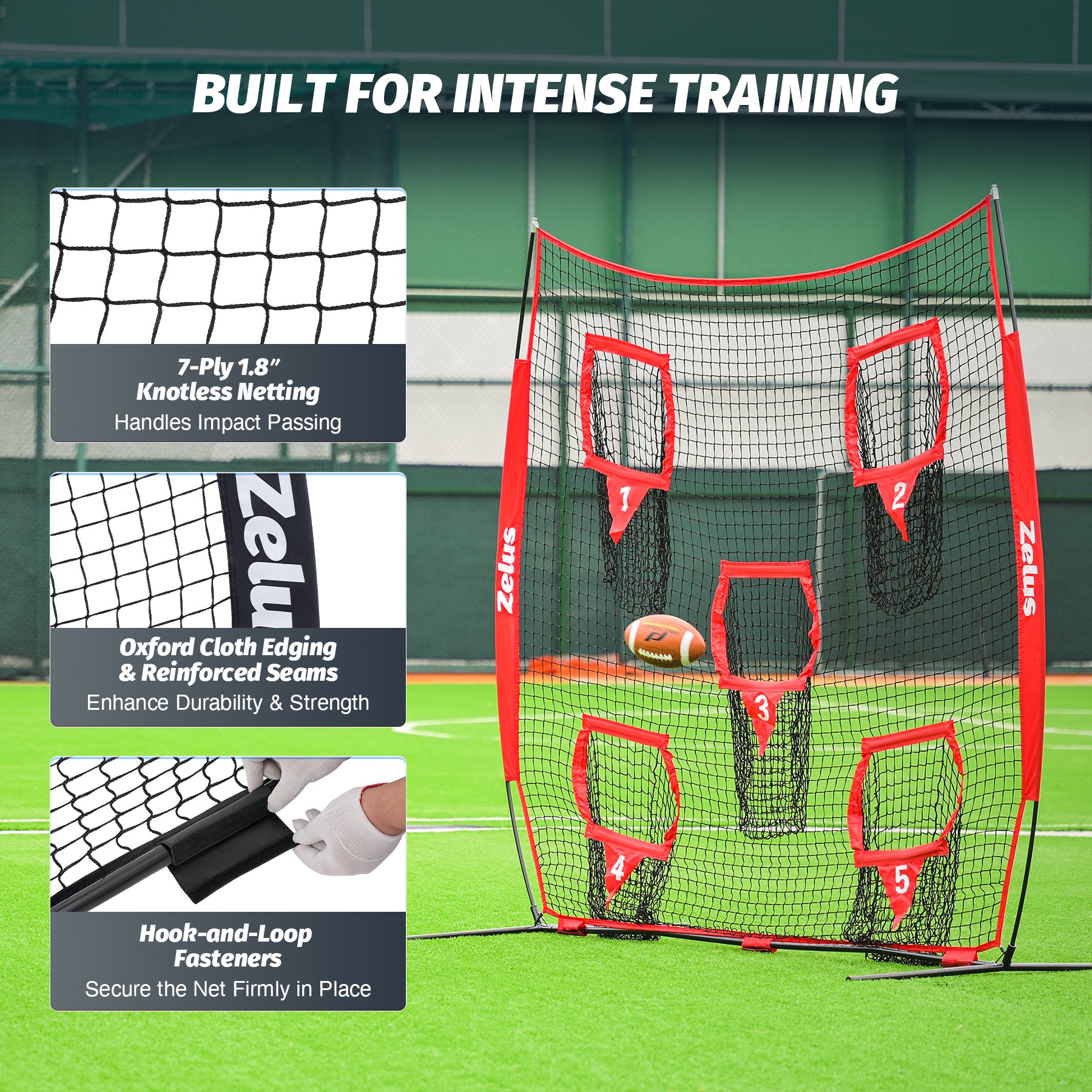 Red and black Zelus pitching net with multiple zones