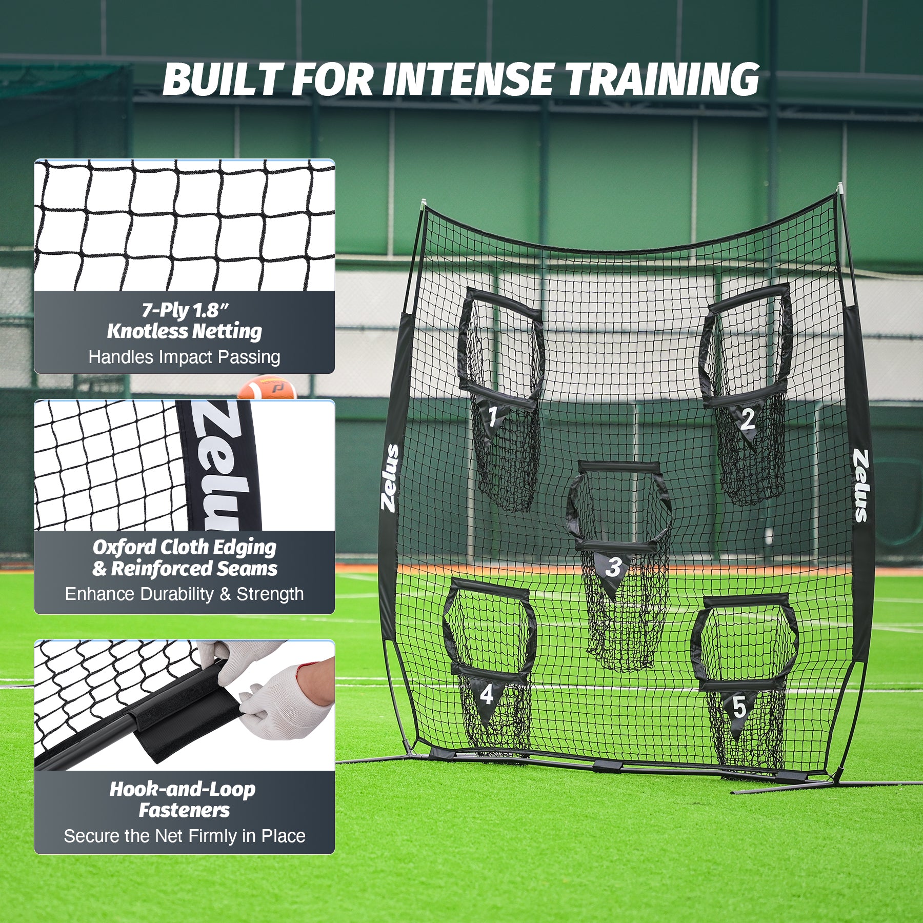 Zelus pitching net with five zones and carrying bag on a white background