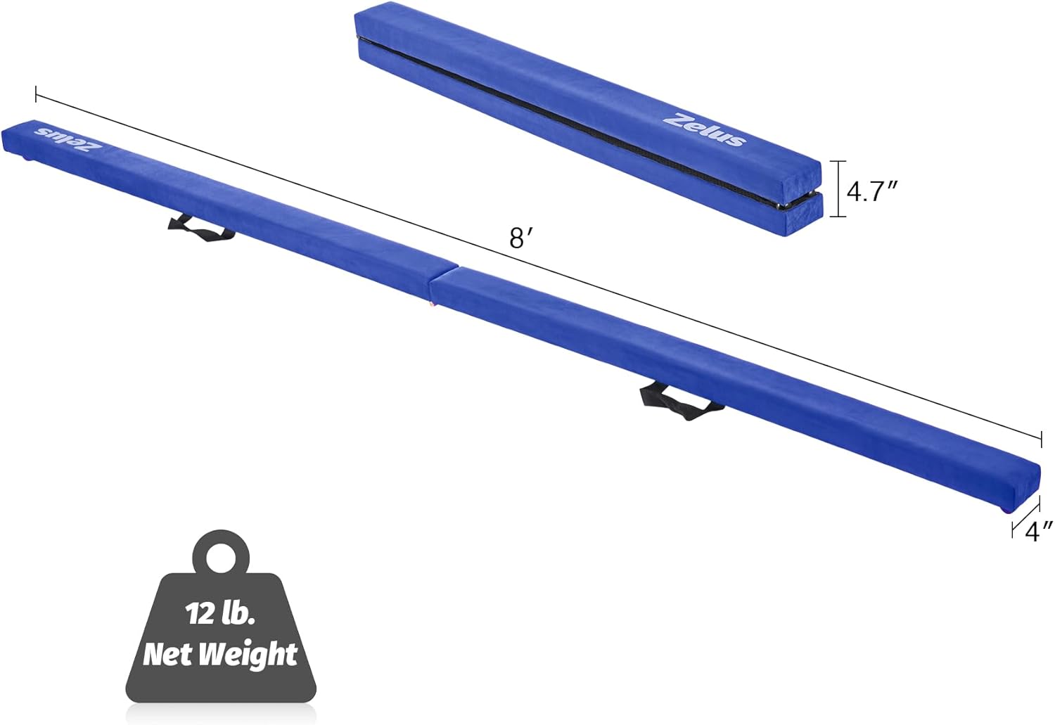 Blue gymnastics beam with dimensions and weight label on a white background