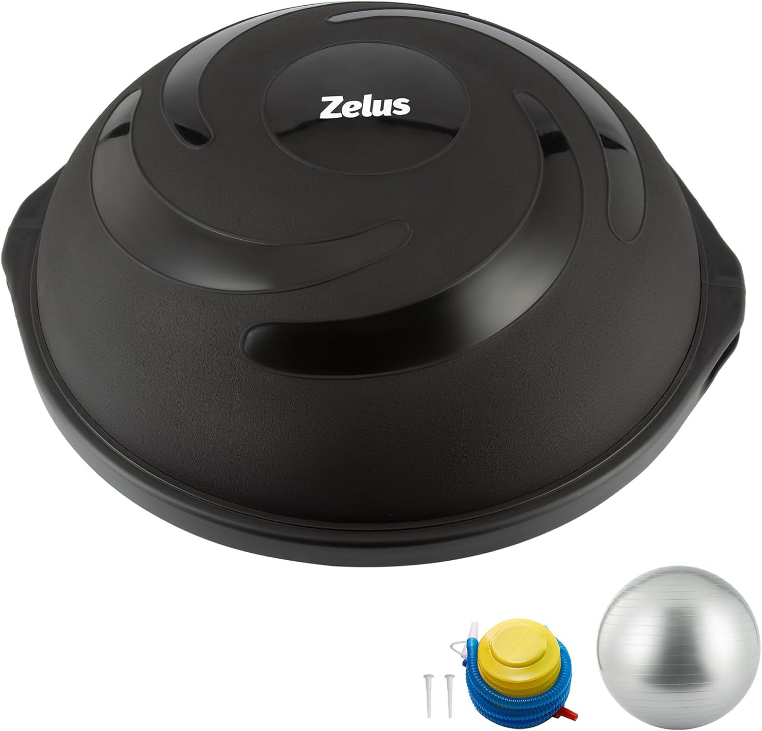 A ZELUS 25 inch half balance ball trainer with a blue surface and black edges, accompanied by a white yoga ball.