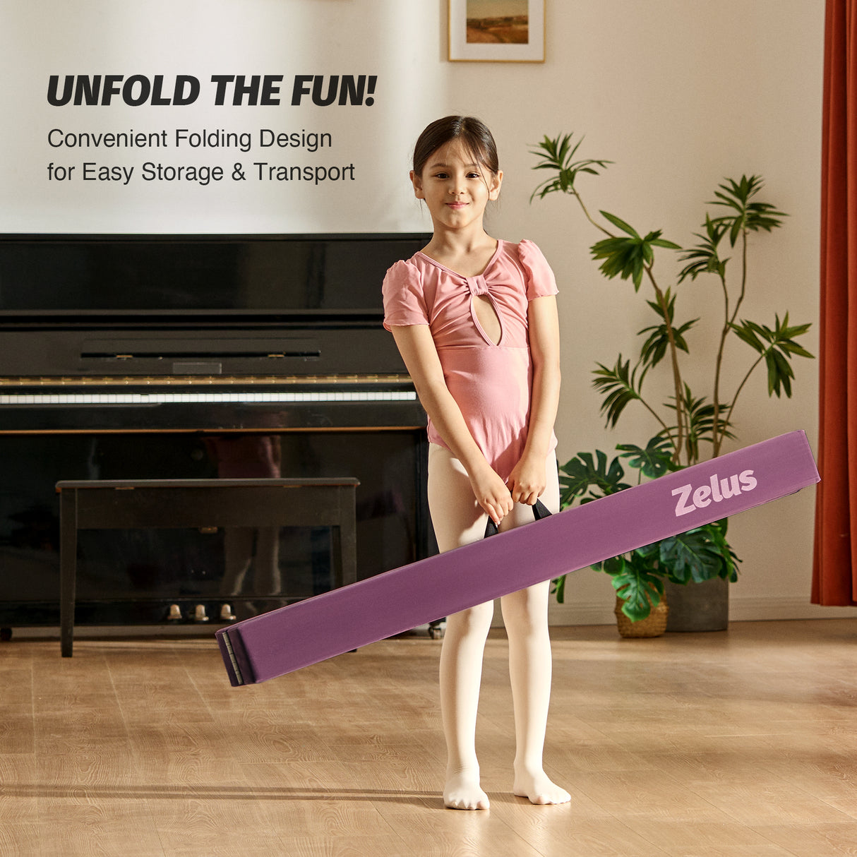 8 ft Folding Balance Beam, Foldable Floor Gymnastics Balance Beam Purple