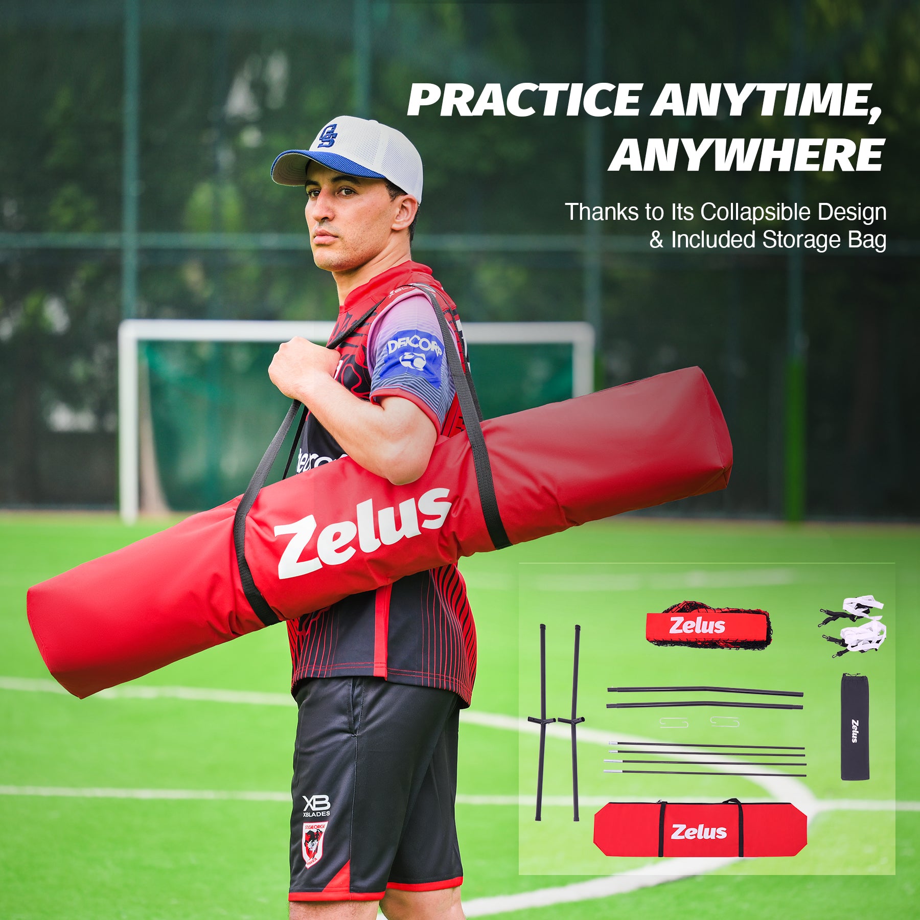 Zelus baseball or softball practice net with carrying bag