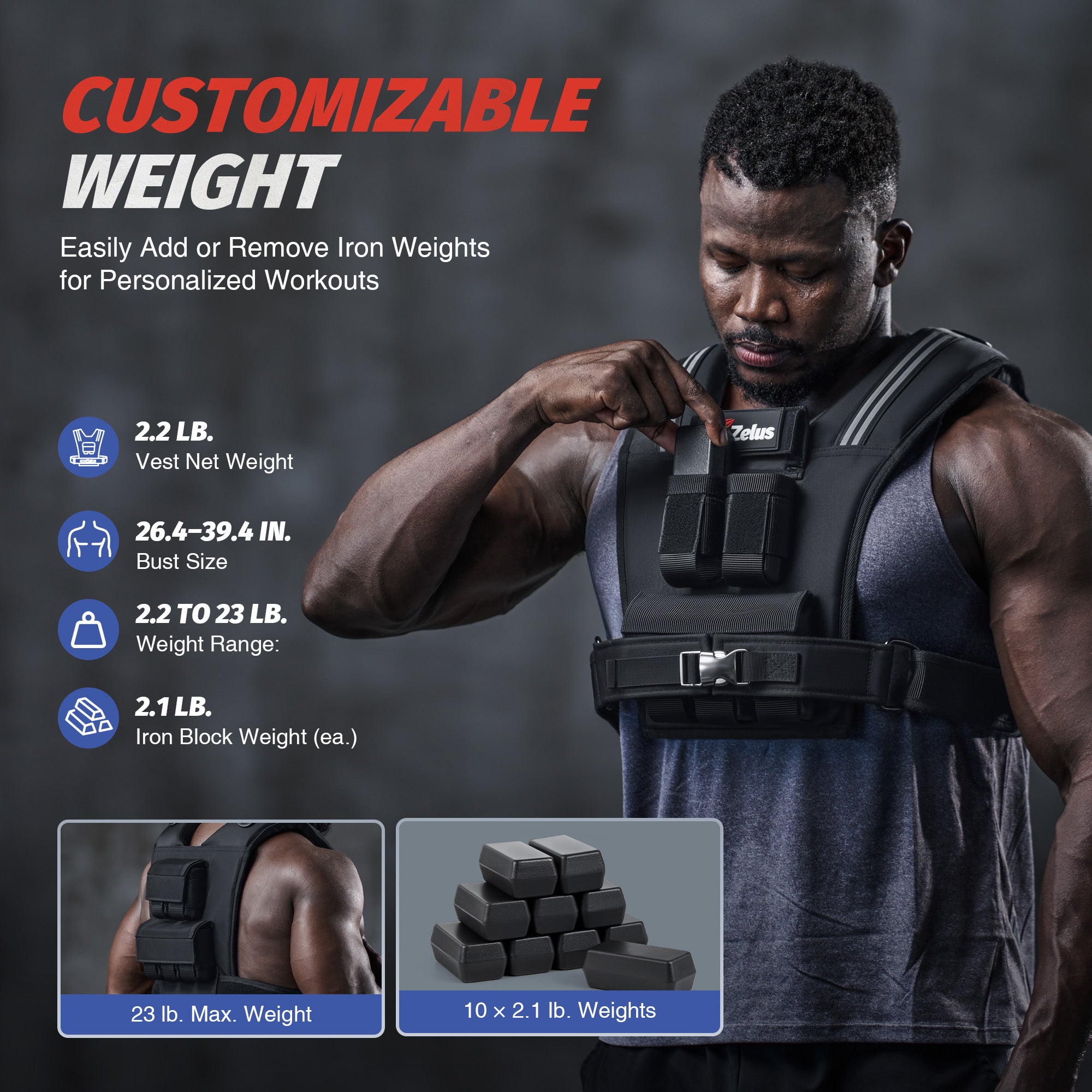 Person wearing a customizable weight vest with product details on a dark background