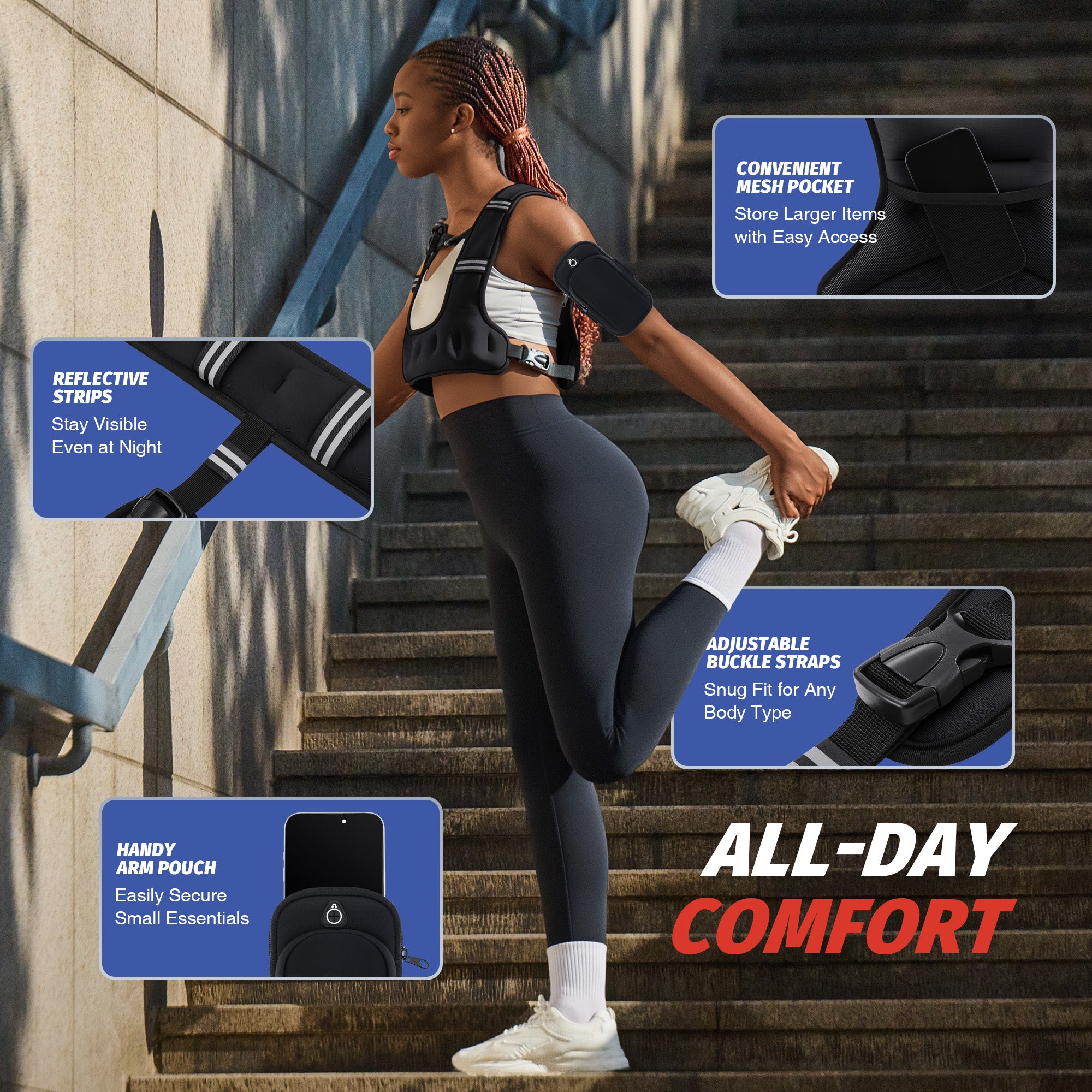 Woman exercising outdoors with fitness equipment features highlighted