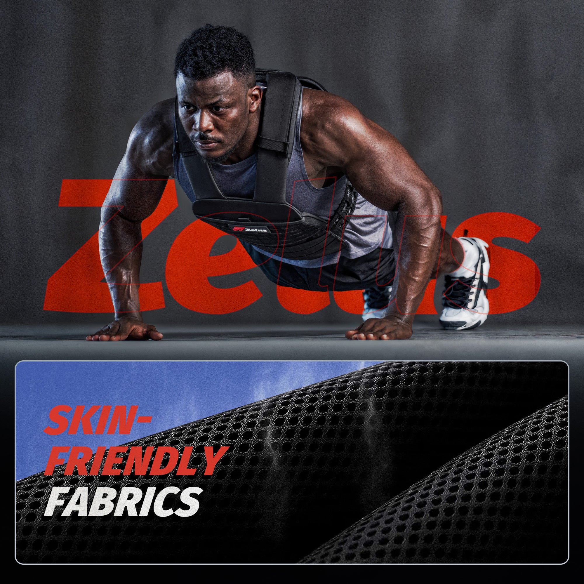 Person in fitness gear performing push-ups with 'Zelus' branding and 'Skin-Friendly Fabrics' text.