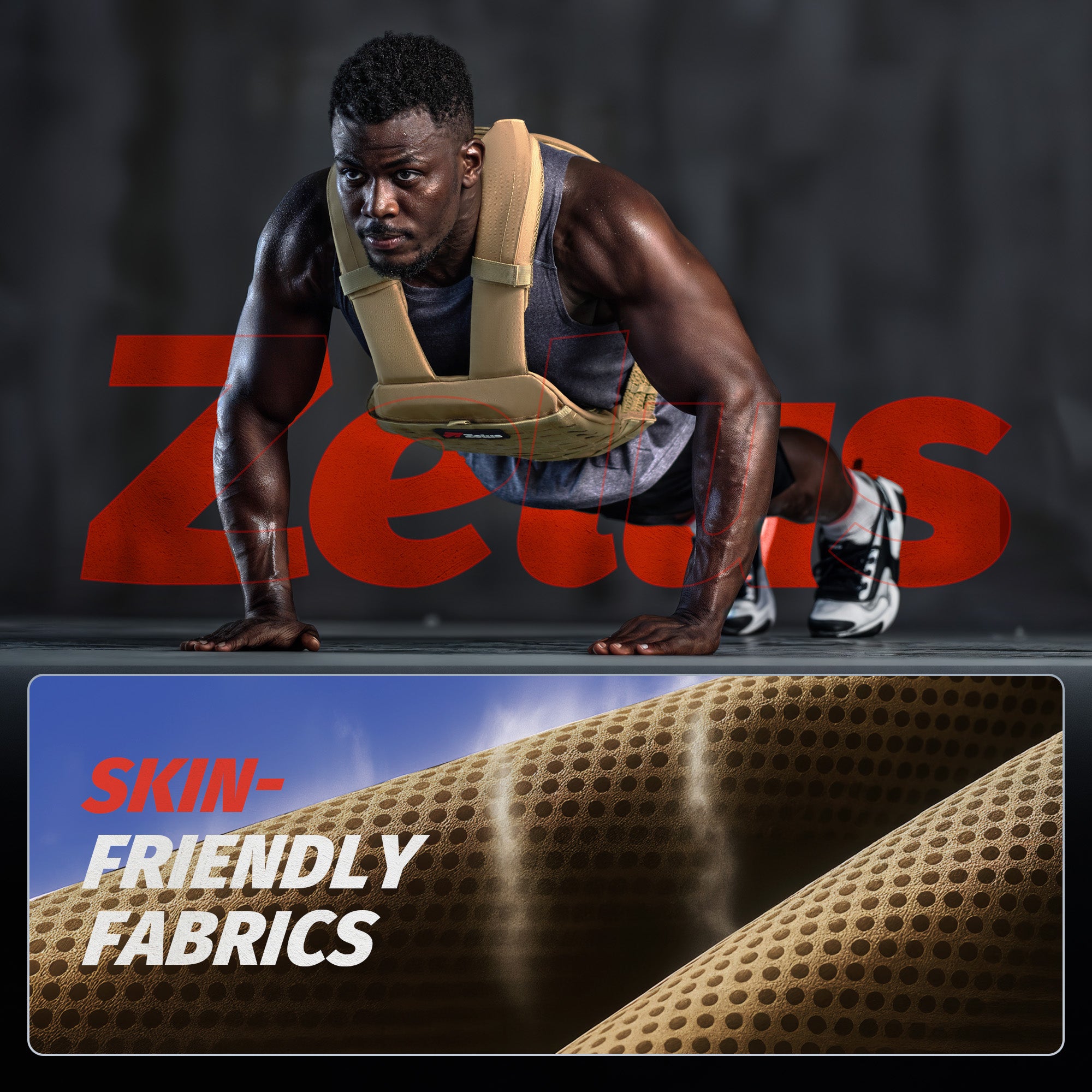 Person wearing a harness with 'Zeus' branding, focusing on skin-friendly fabrics.