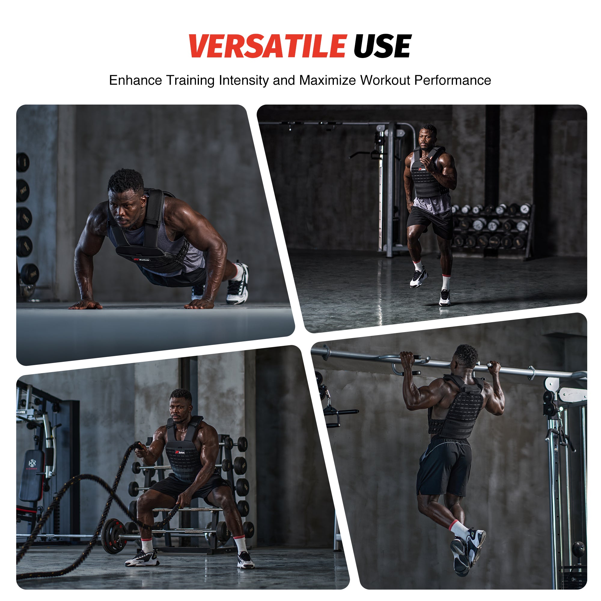 Collage of a man performing various exercises with gym equipment, emphasizing versatility and intensity.