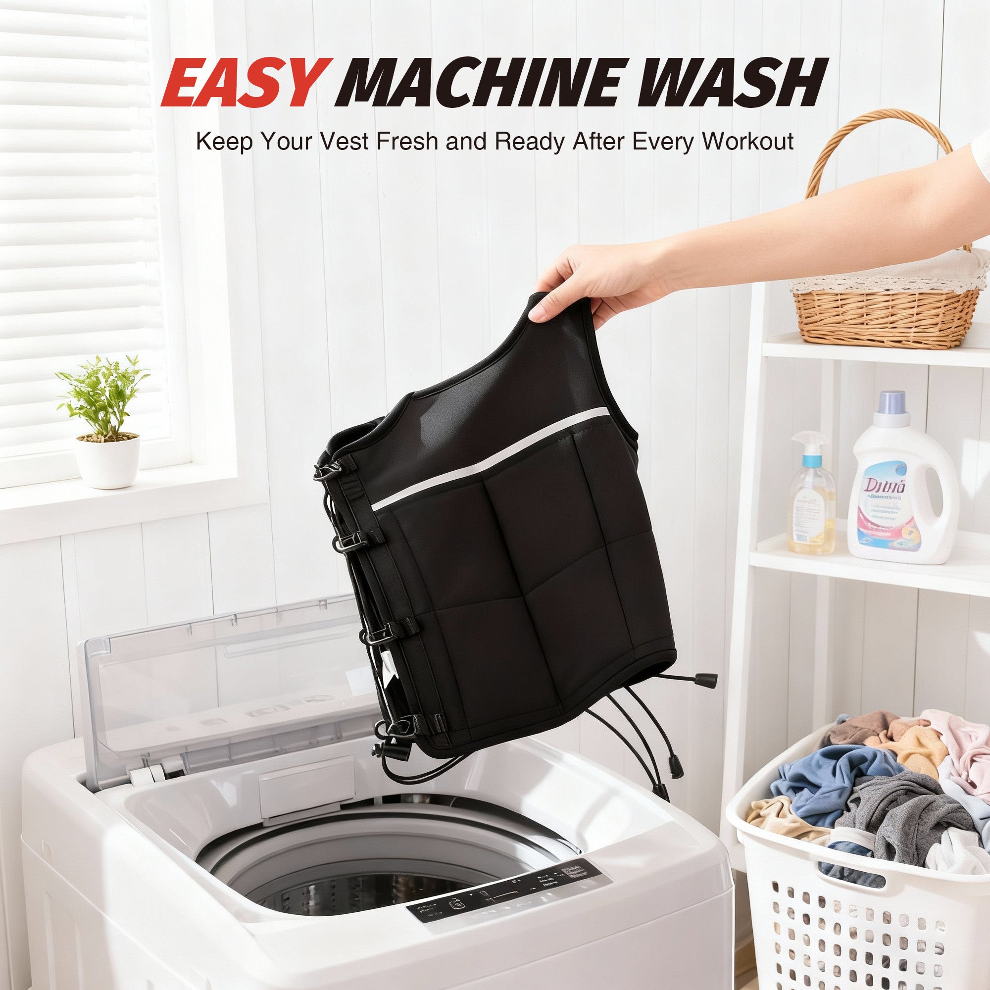 Person holding a black garment bag over a washing machine with laundry and detergent visible.