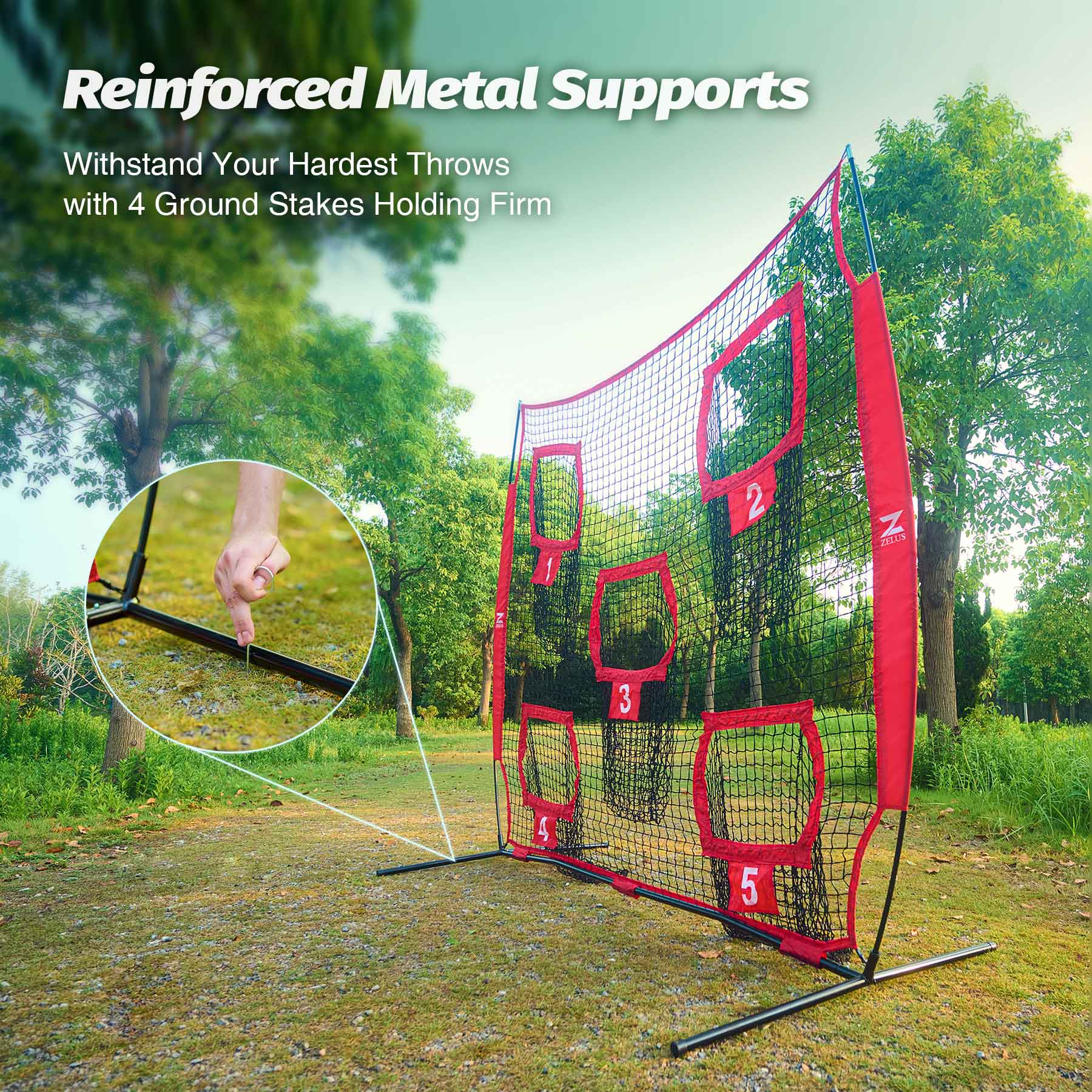 Baseball practice net with numbered targets and carrying bag