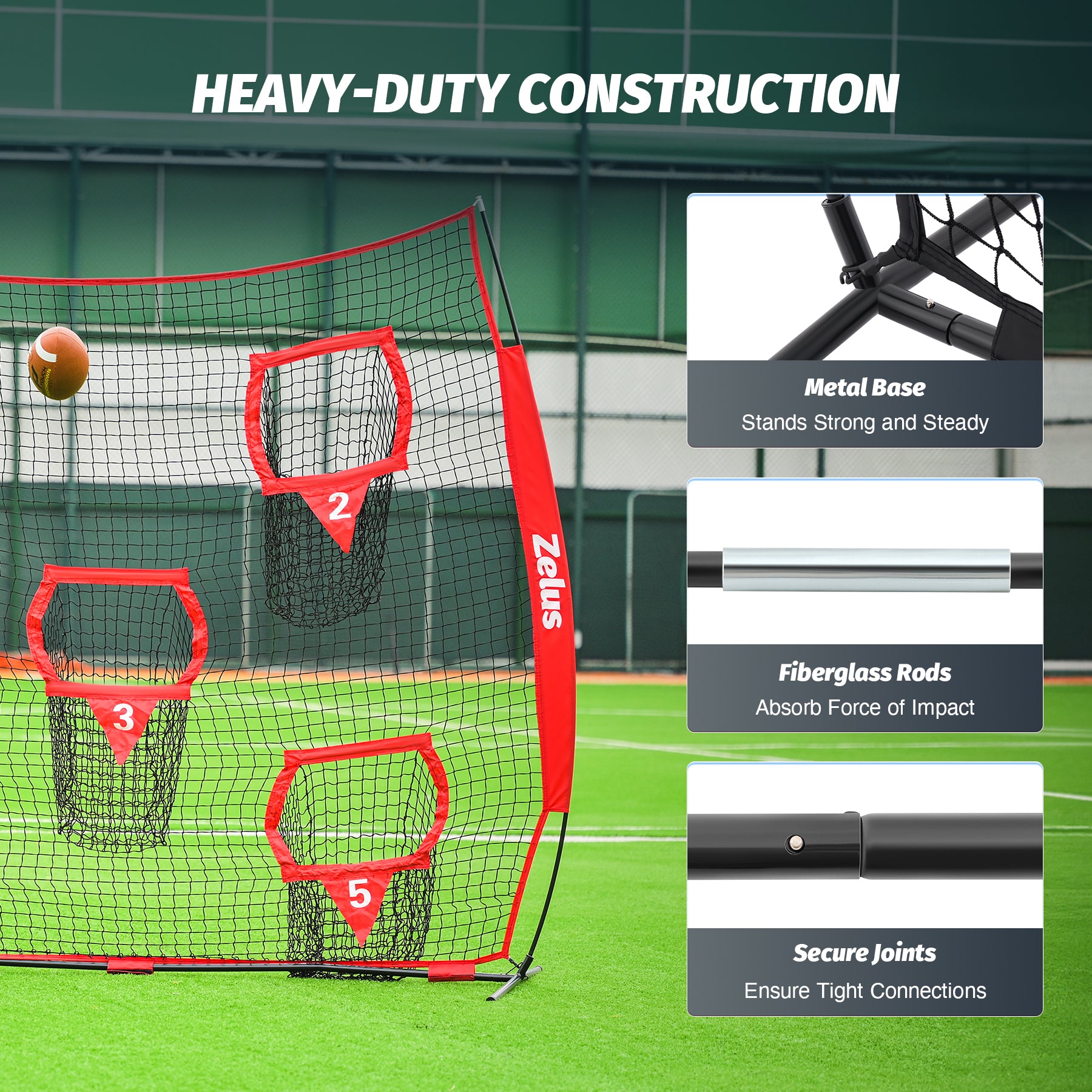 Red and black Zelus pitching net with multiple zones