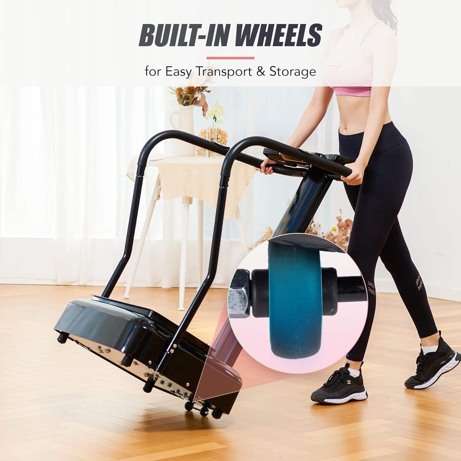 Person using a piece of exercise equipment with wheels in a home setting.