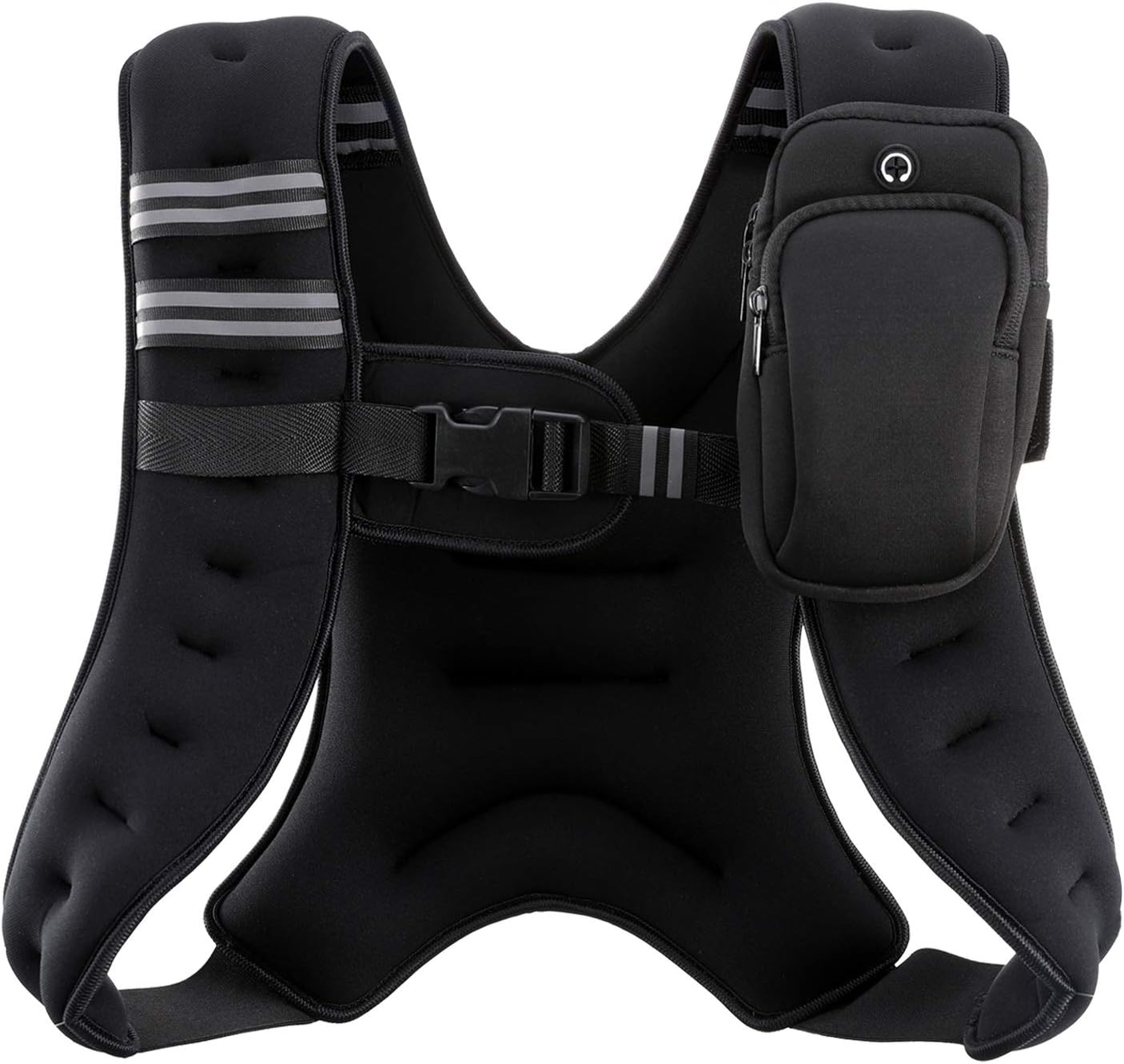 A black weighted vest with reflective strips, featuring adjustable buckle straps and multiple storage pockets.