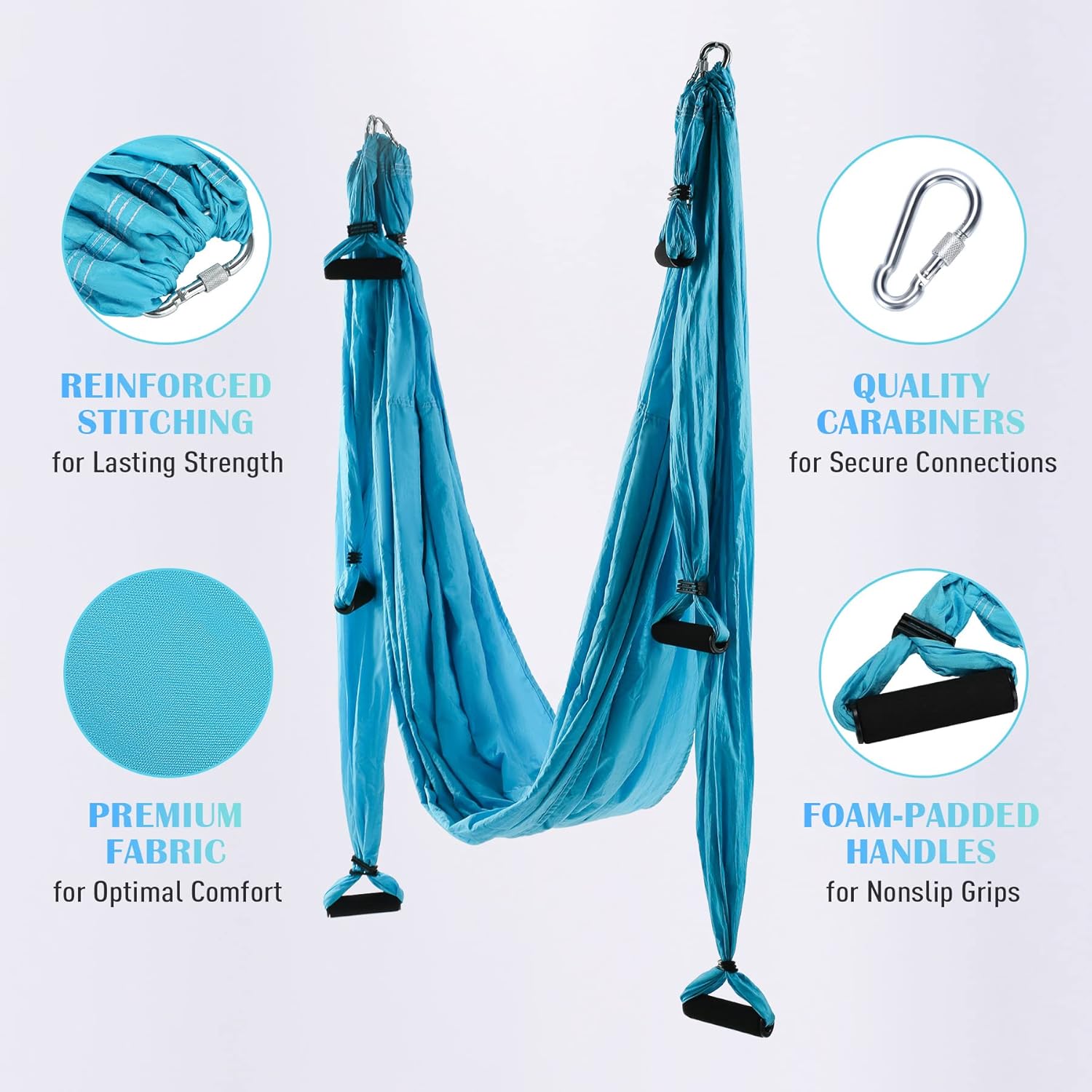 Blue suspension training strap with reinforced stitching, quality carabiners, foam-padded handles, and premium fabric.
