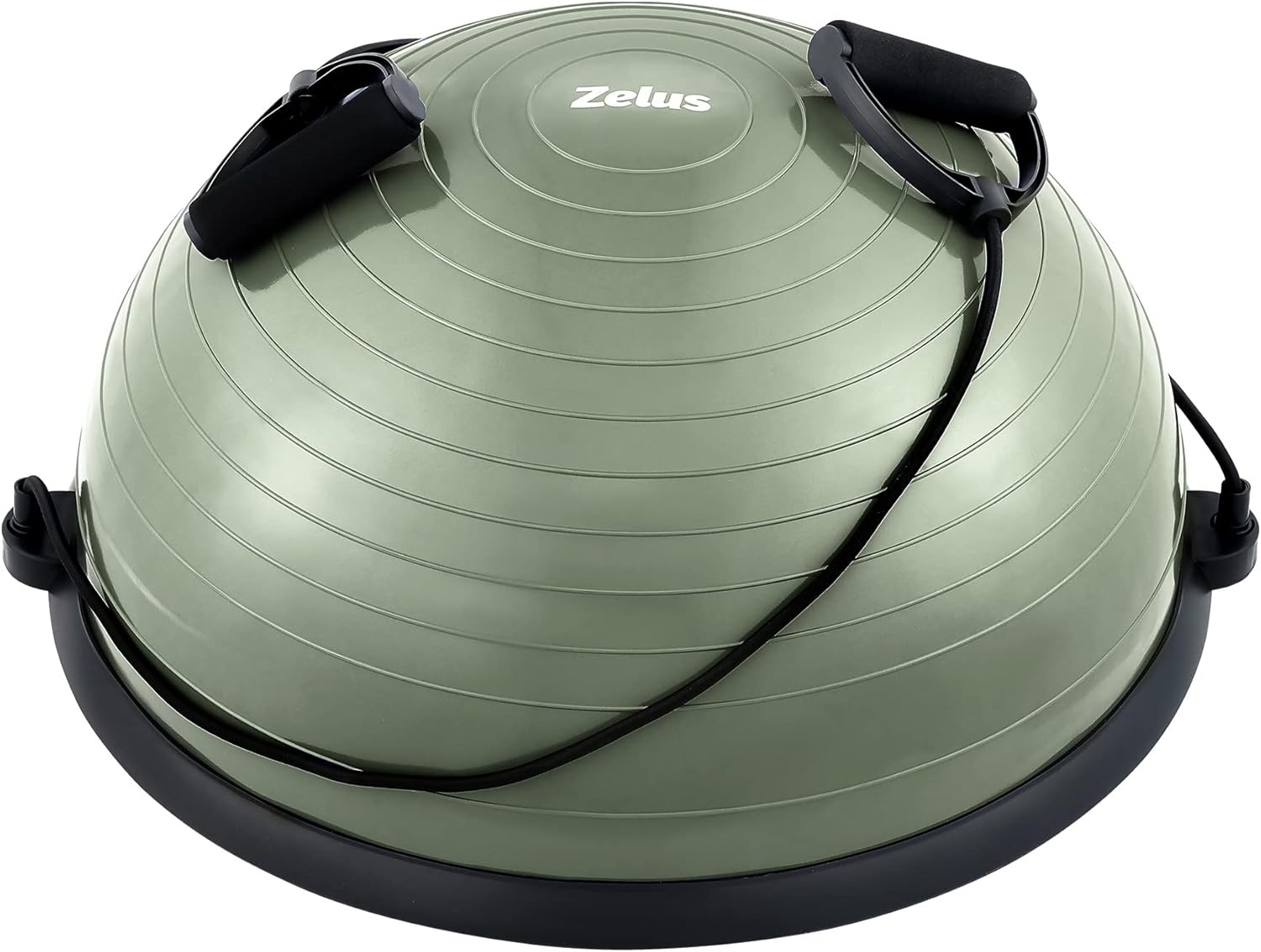 A black ZELUS balance ball trainer with a textured surface and resistance bands attached to it.