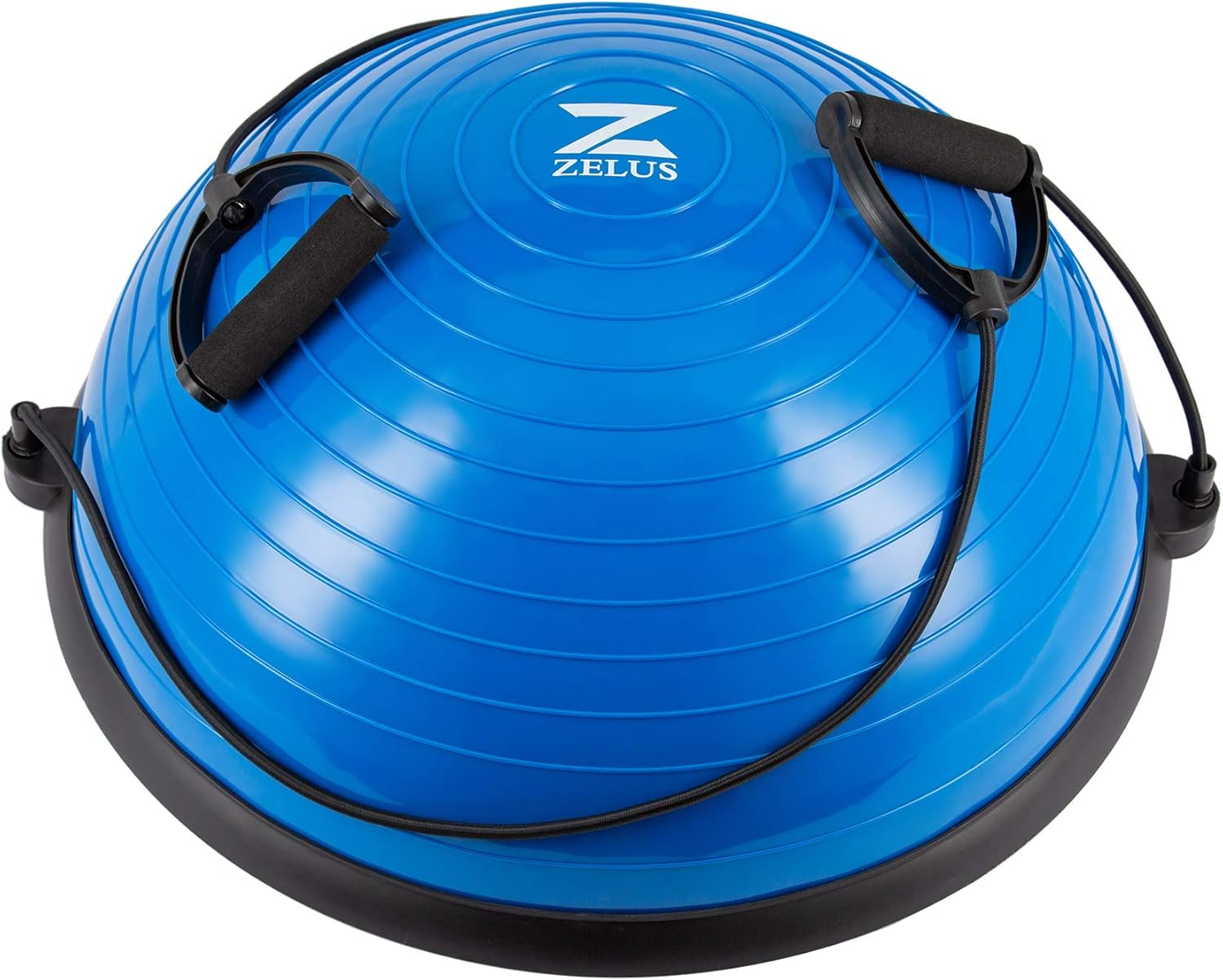 A black ZELUS balance ball trainer with a textured surface and resistance bands attached to it.