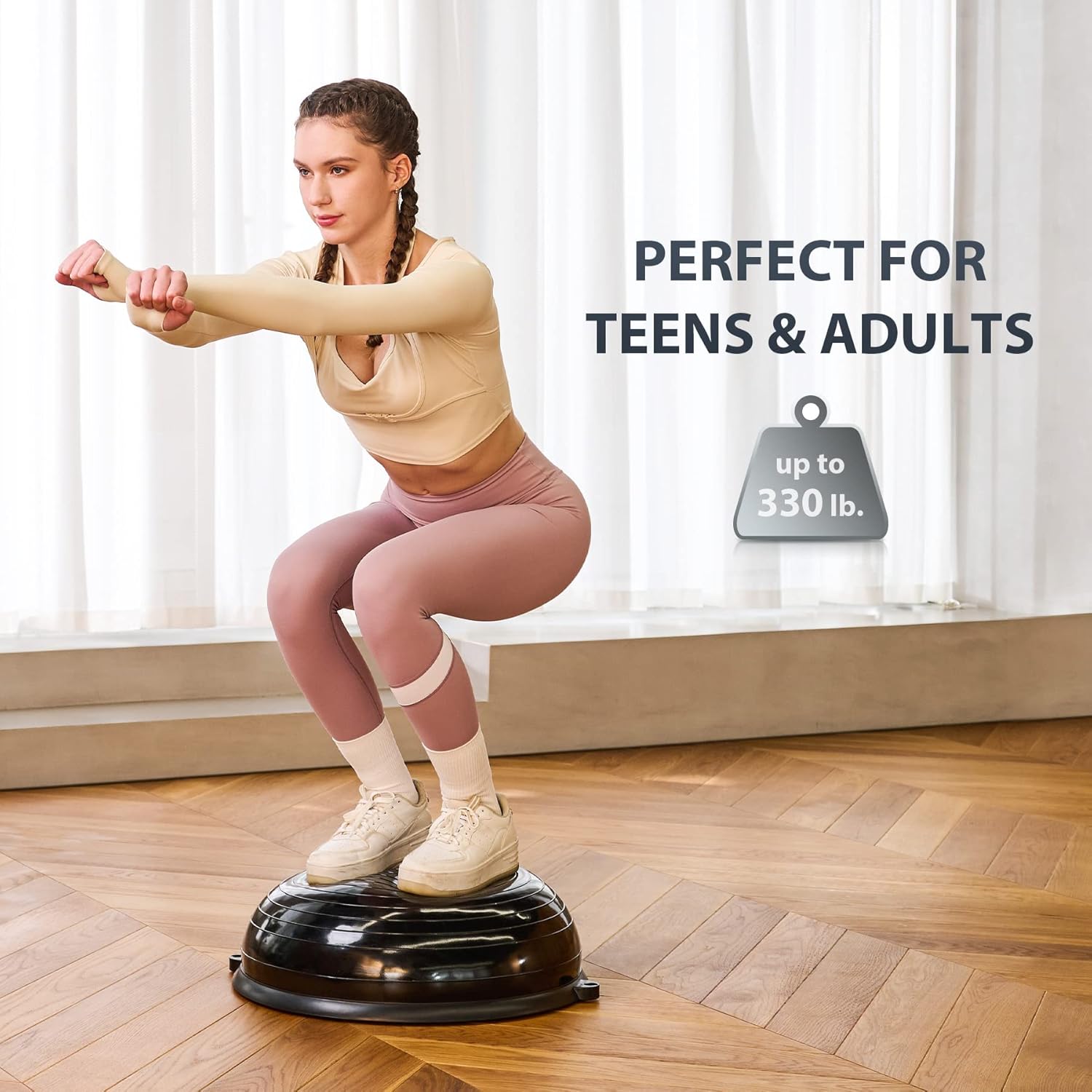 Person using a balance trainer with text indicating suitability for teens and adults.