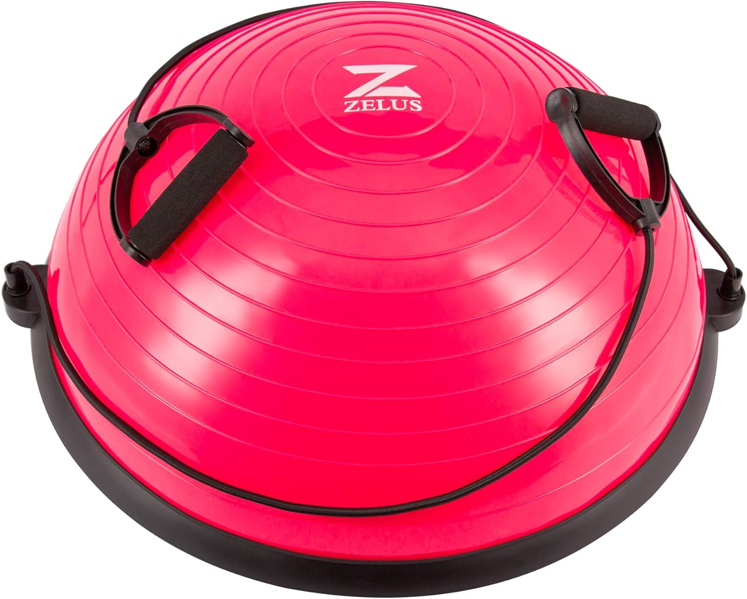 A black ZELUS balance ball trainer with a textured surface and resistance bands attached to it.