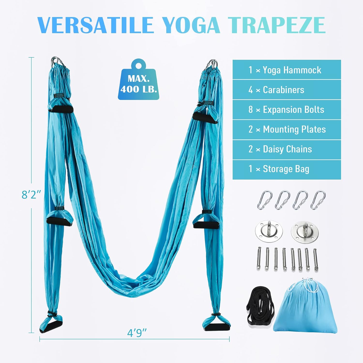 Blue yoga trapeze set with components on a light background
