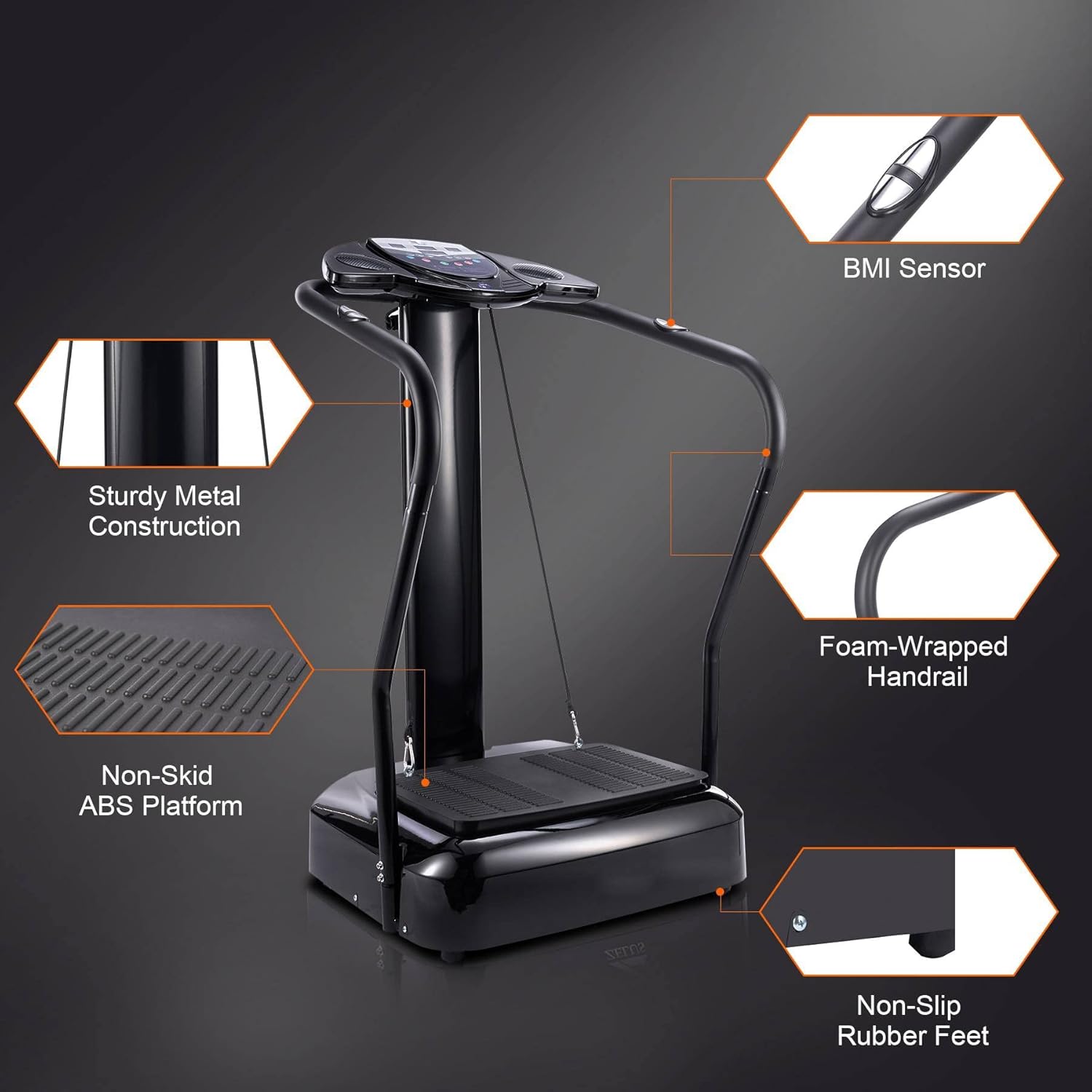Black vibration platform with feature highlights on a dark background