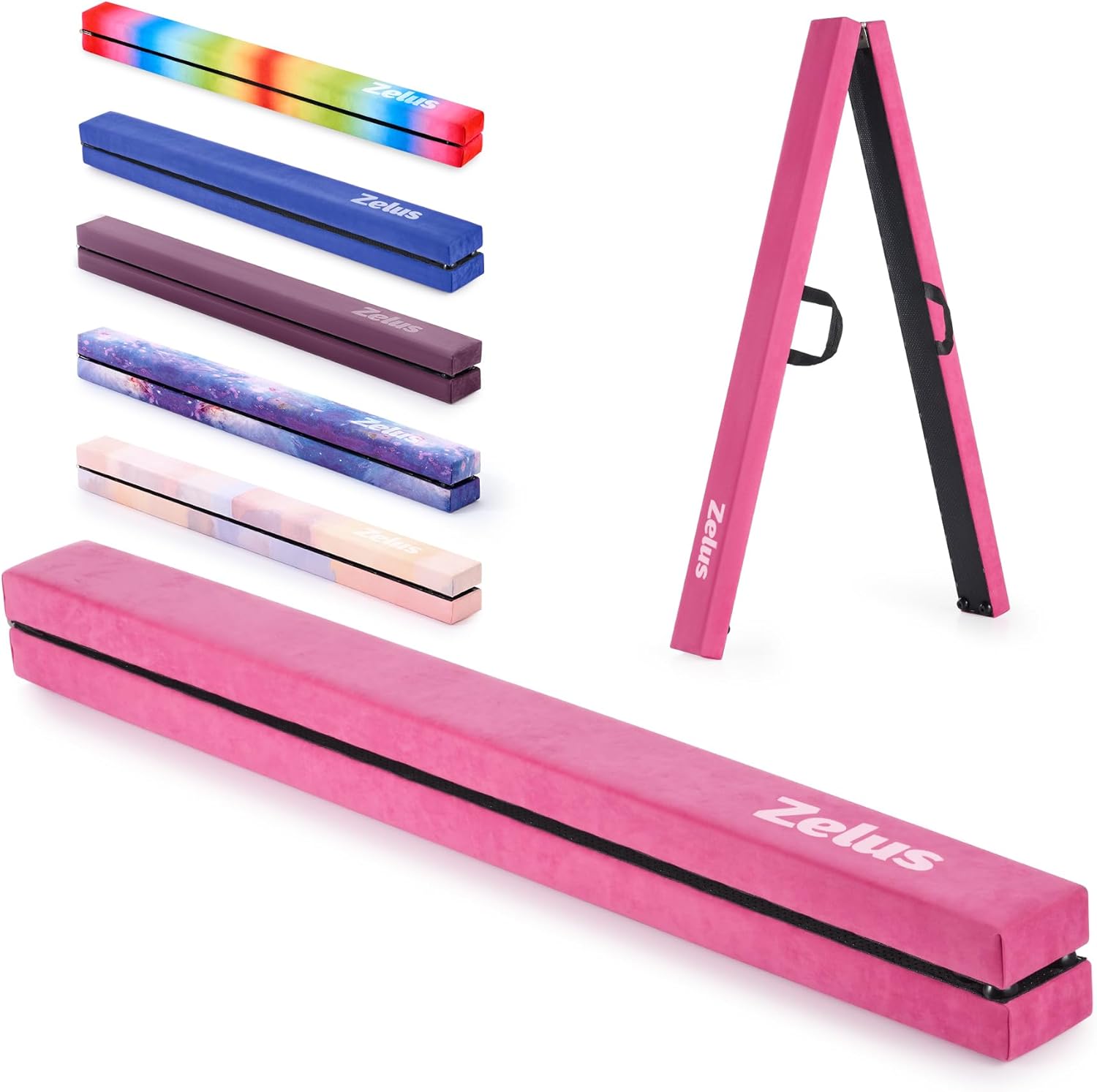 A collection of ZELUS folding balance beams in various colors, displayed both folded and unfolded, with a focus on the beam's width and padding.