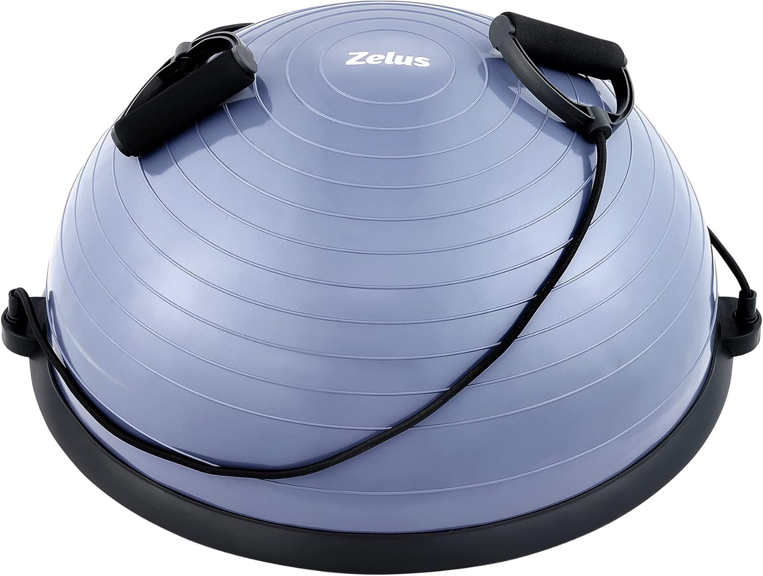 A black ZELUS balance ball trainer with a textured surface and resistance bands attached to it.