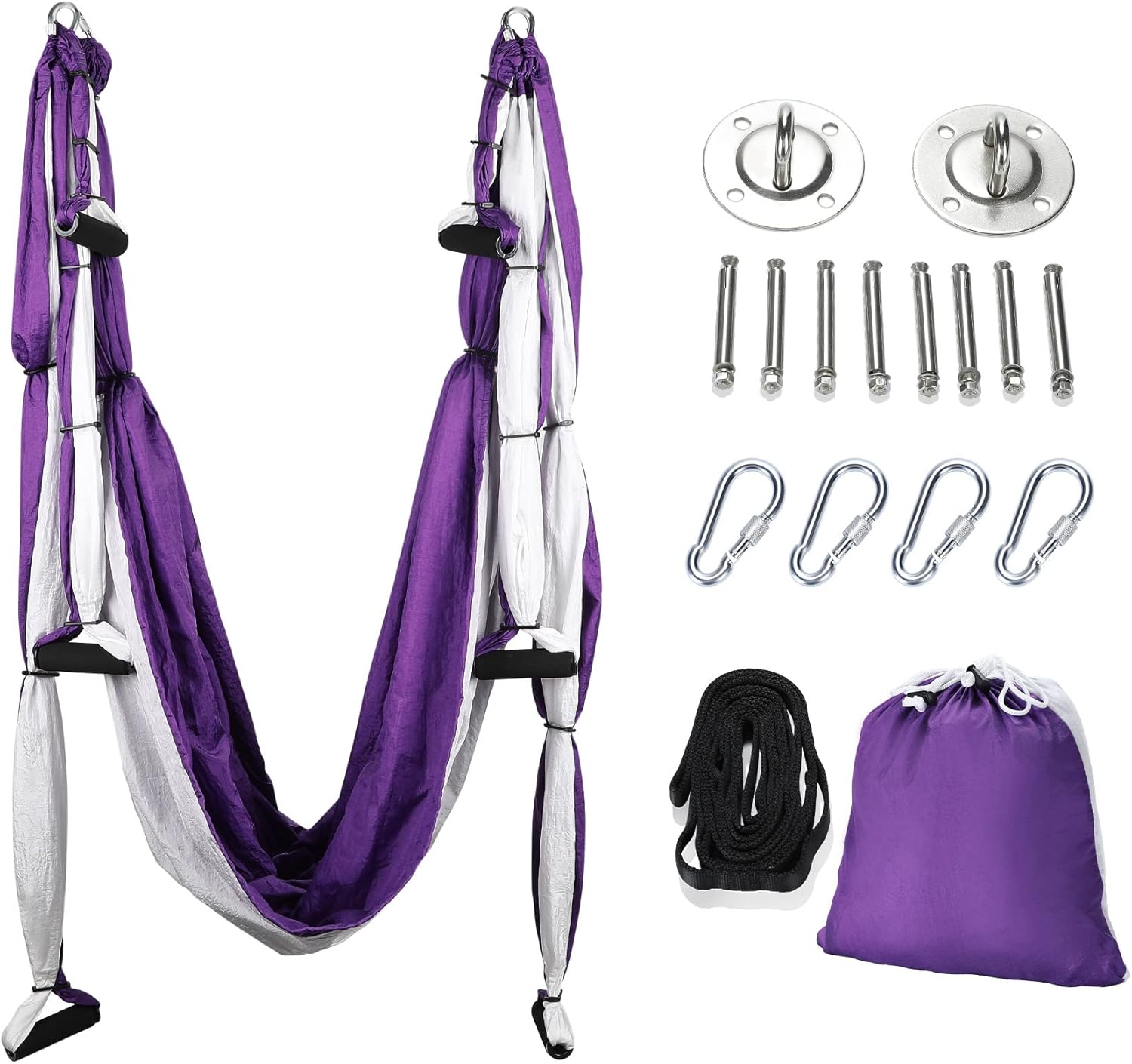 A blue aerial yoga hammock kit including a hammock, foam-padded handles, daisy chains, extension straps, carabiners, and a storage bag, displayed on a white background.