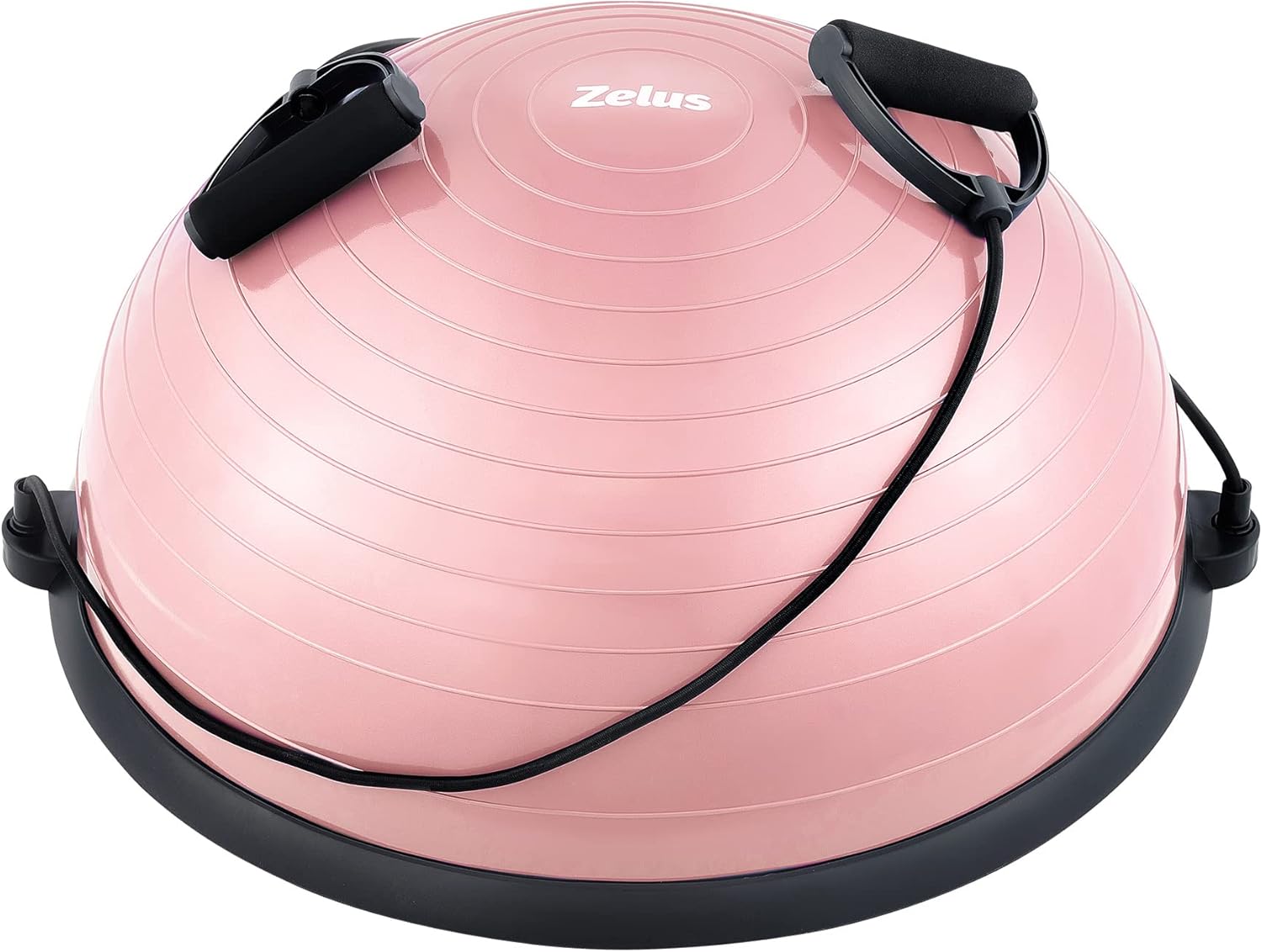 A black ZELUS balance ball trainer with a textured surface and resistance bands attached to it.