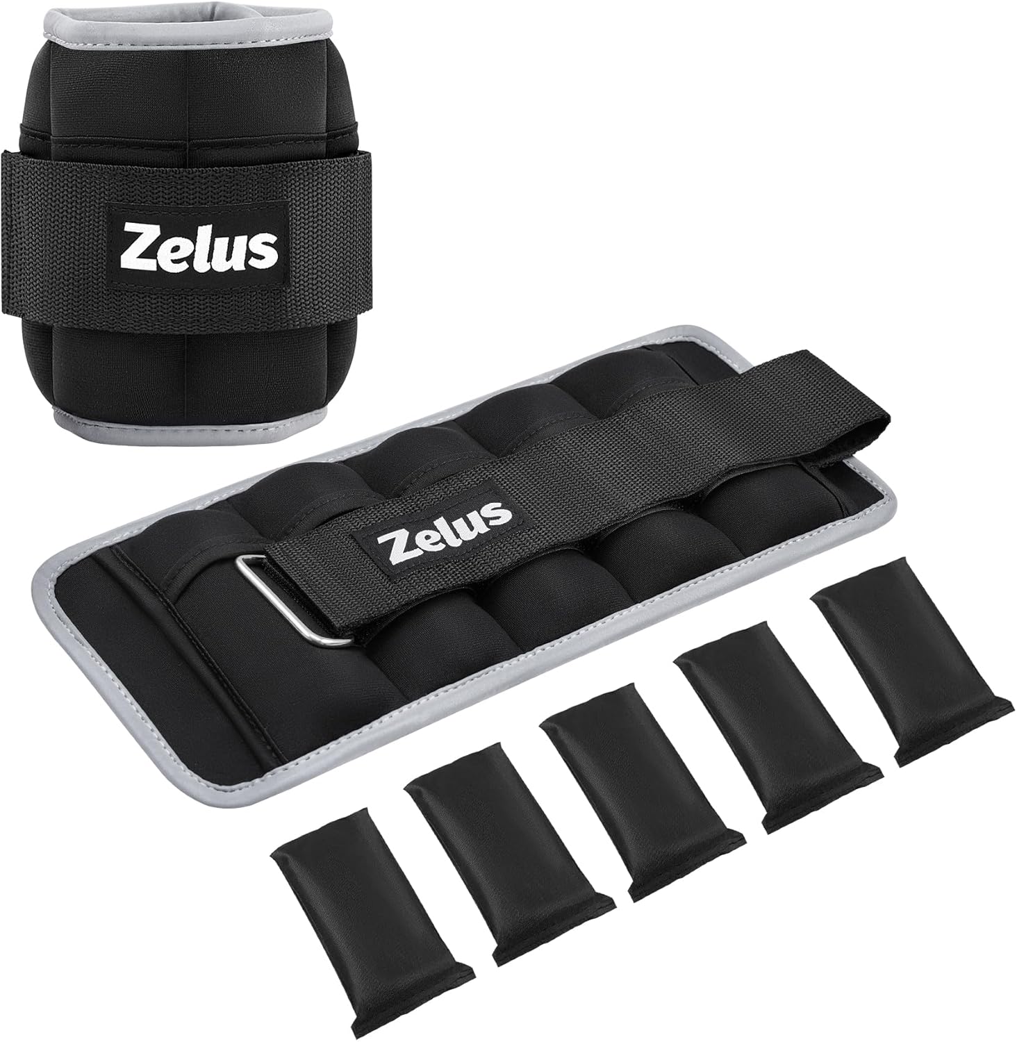 A set of black adjustable ankle weights with the ZELUS brand visible on them. The weights include a main compartment and several removable sandbags.