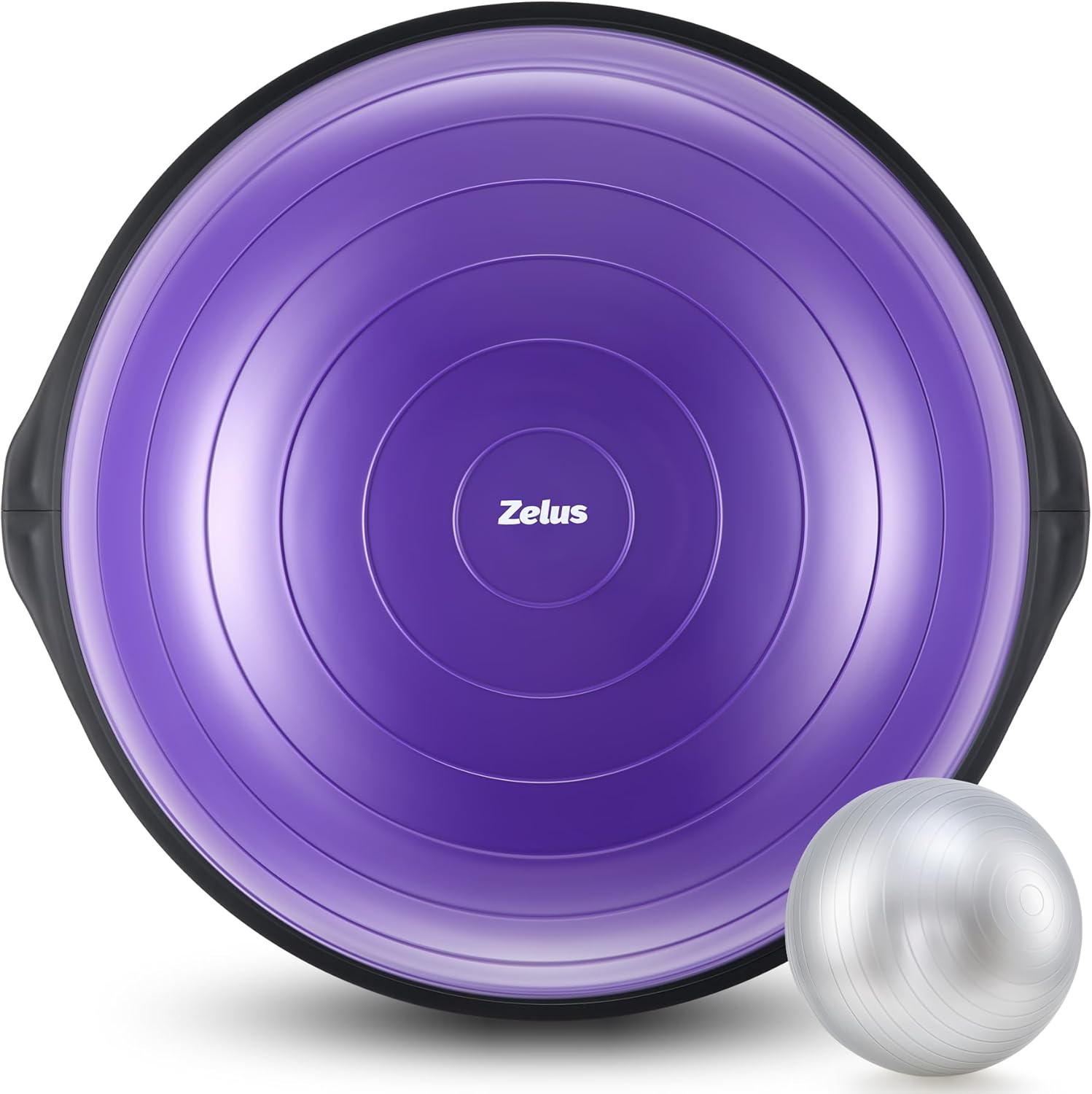 A ZELUS 25 inch half balance ball trainer with a blue surface and black edges, accompanied by a white yoga ball.