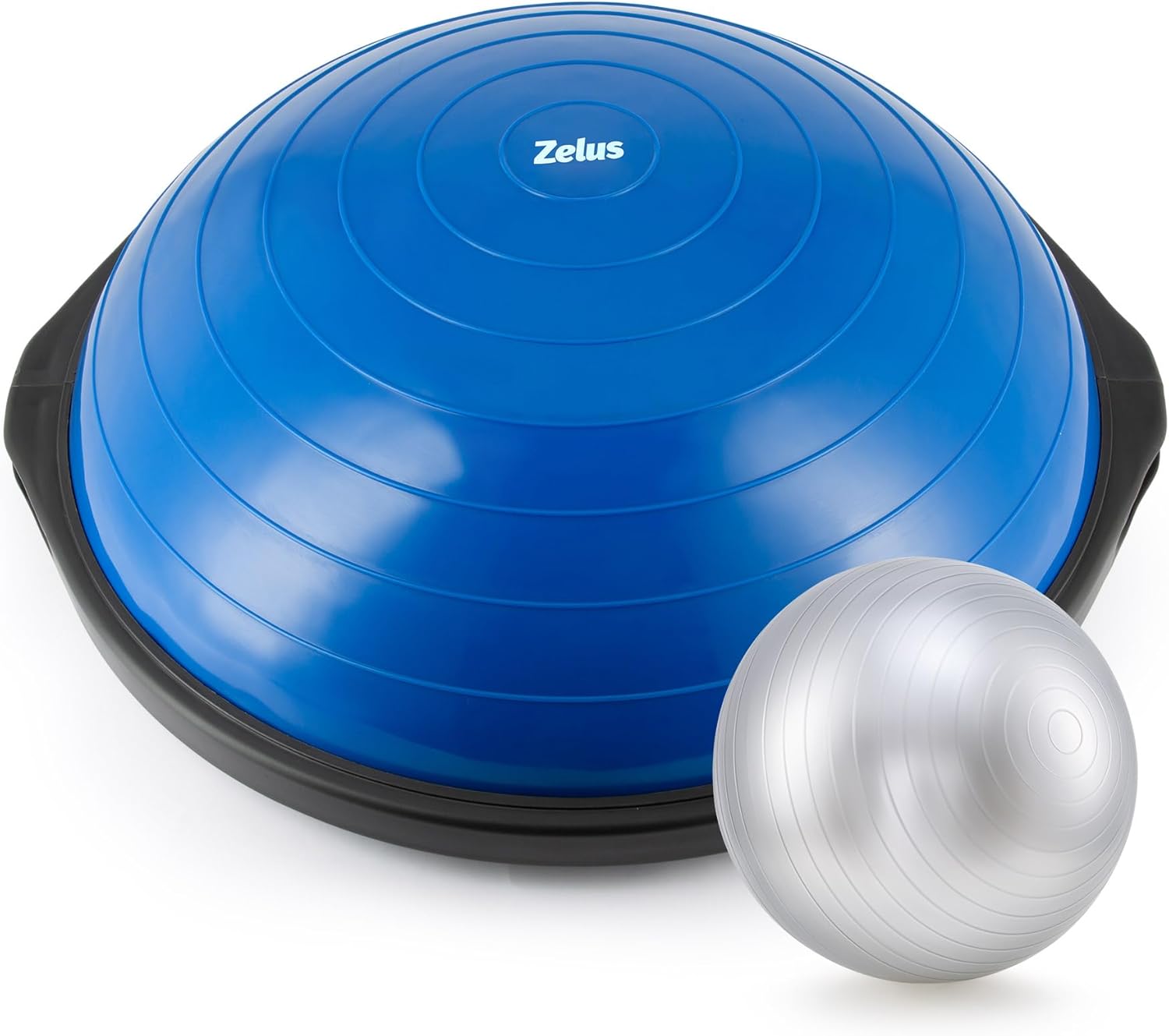 A ZELUS 25 inch half balance ball trainer with a blue surface and black edges, accompanied by a white yoga ball.