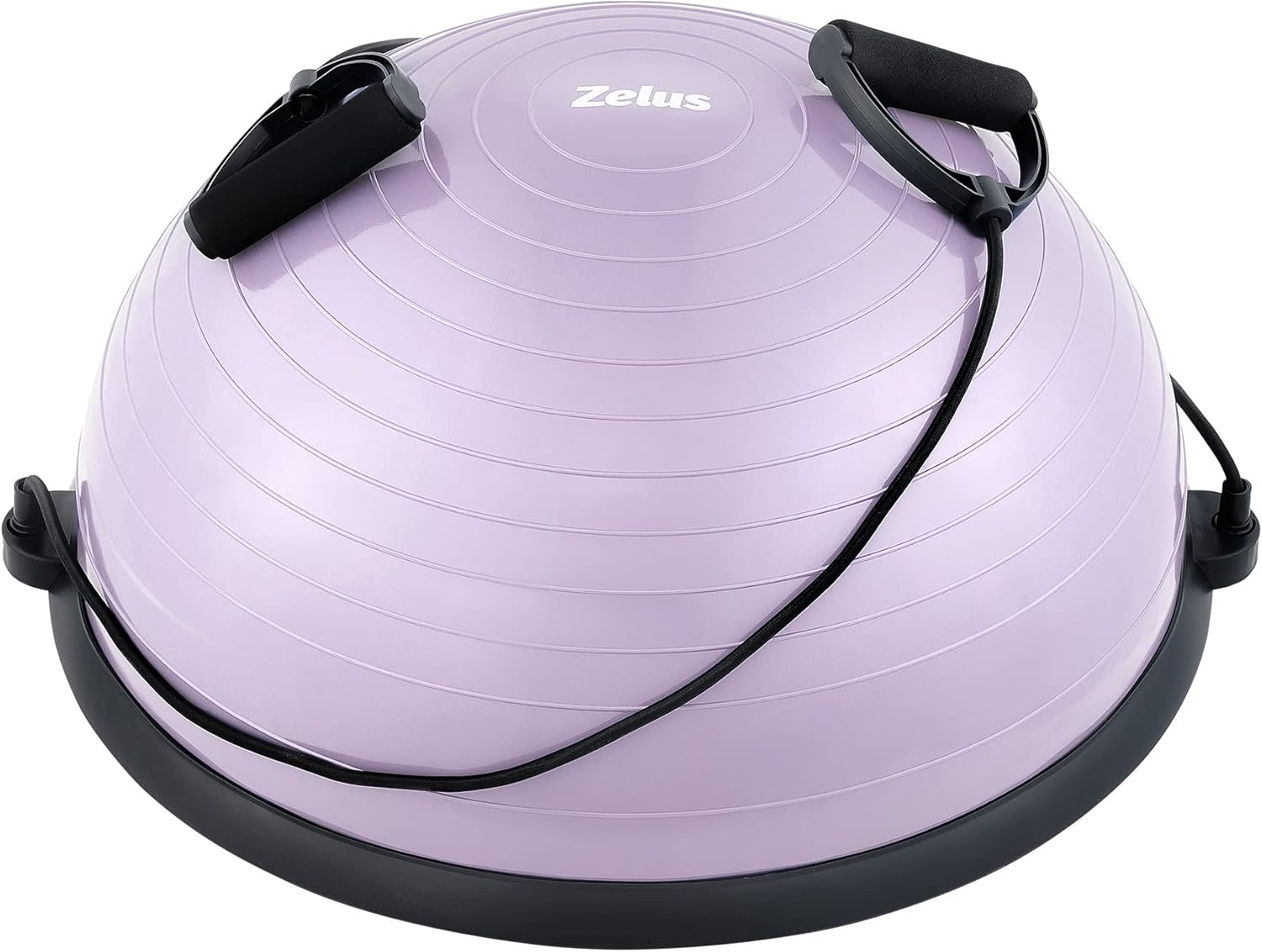 A black ZELUS balance ball trainer with a textured surface and resistance bands attached to it.
