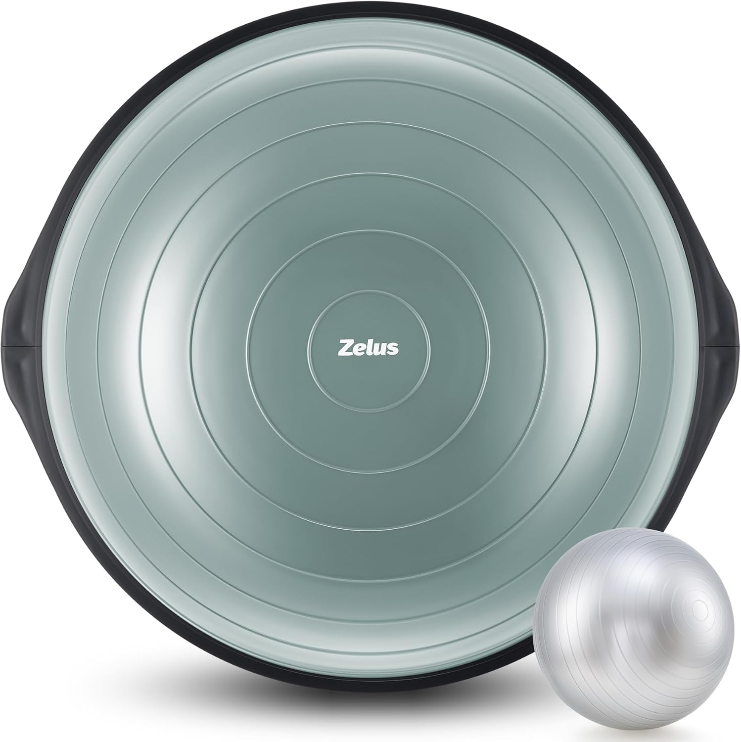 A ZELUS 25 inch half balance ball trainer with a blue surface and black edges, accompanied by a white yoga ball.