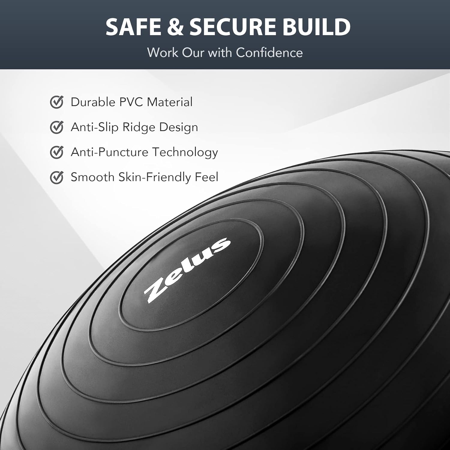 Black exercise ball with text on durability and design features.