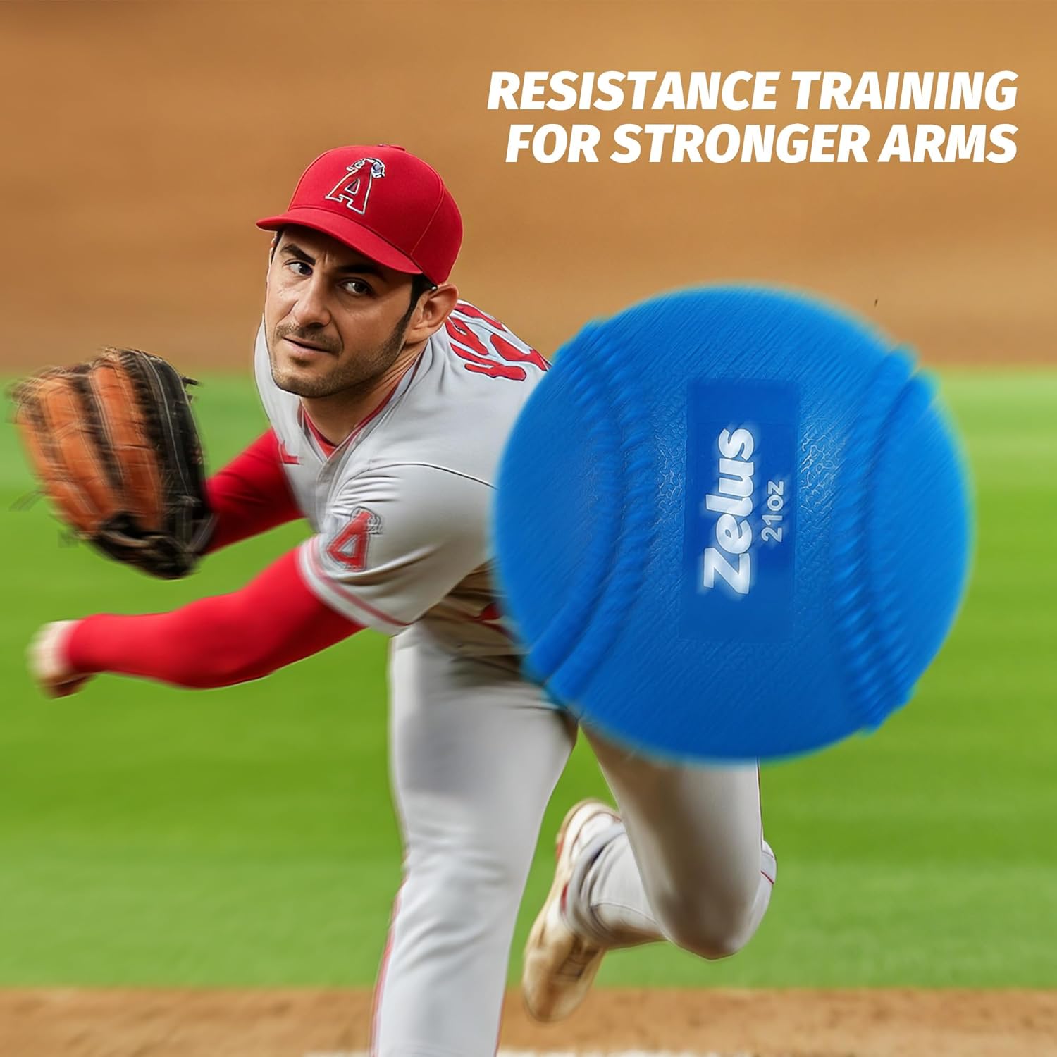 Baseball player in action with a blue Zelus resistance training ball on a baseball field.