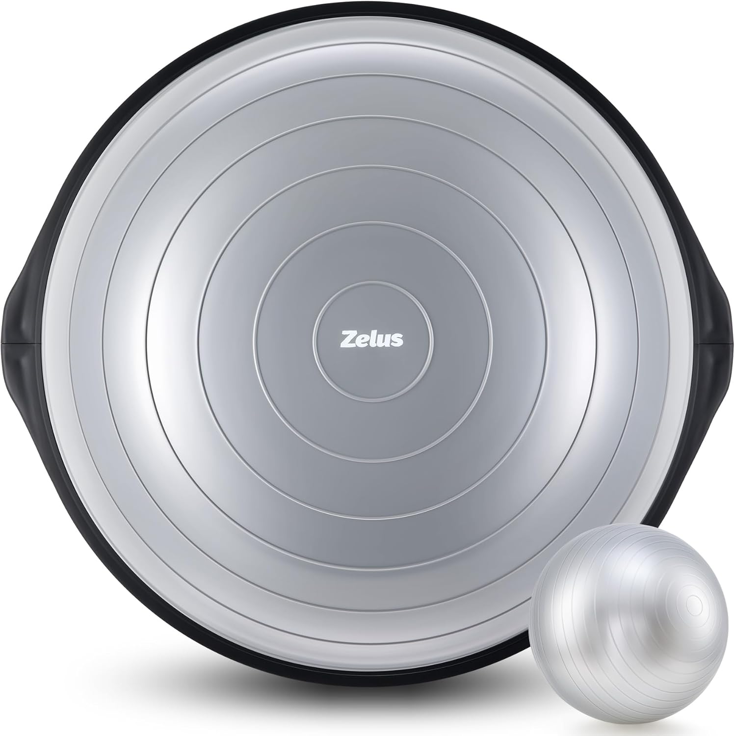 A ZELUS 25 inch half balance ball trainer with a blue surface and black edges, accompanied by a white yoga ball.